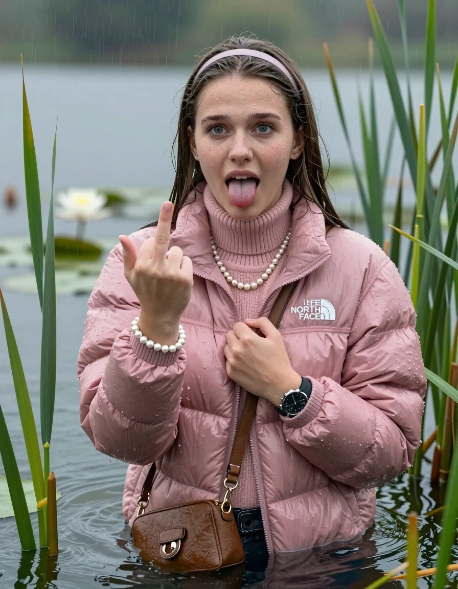 photo of young woman, in soaking wet, drenched clothes,
, , Light pink puffer down jacket from north face,  knit turtleneck sweater, handbag, pearl necklace, bracelet, wristwatch , Emerging after diving in a lake with water lilies and reeds, rain , 
enjoying, wet clothes stuck to body,
detailed textures of the wet clothes, wet face, wet plastered hair,
wet, drenched, professional, high-quality details, full body view.
sharp focus, ultra-high pixel detail, realistic, high-quality, full colors, incredibly detailed, 4k, 8k, 16k, hyper-realistic, RAW photo, masterpiece, ultra-detailed, professionally color graded, professional photograph, Sleek long straight hair, hairband

19 years old  teenage girl

Stick out her tongue, Show the stink Finger, open mouth, big eyes

she is completely underwater up to her neck, afraid  and astonished expression.

She hides in the reeds and is surprised by spectators

her submerged clothes are hardly vusible under water, she soaked her handbag into the water

close up view, wet skin, wet clothes, wet hair, damp fabric, water runs down the clothes, wet skin, wet clothes, damp fabric, wet skin, wet clothes, damp fabric, wet skin, wet clothes, damp fabric, wet skin, wet clothes, damp fabric, wet skin, wet clothes, damp fabric, wet skin, wet clothes, damp fabric, wet skin, wet clothes, damp fabric, wet skin, wet clothes, damp fabric, wet skin, wet clothes, damp fabric, wet skin, wet clothes, damp fabric, wet skin, wet clothes, damp fabric, wet skin, wet clothes, damp fabric