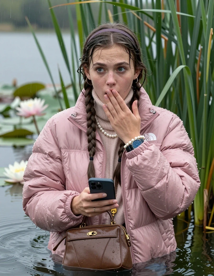 photo of young woman, in soaking wet, drenched clothes,
, , Light pink puffer down jacket from north face,  knit turtleneck sweater, handbag, pearl necklace, bracelet, wristwatch , Emerging after diving in a lake with water lilies and reeds, rain , 
enjoying, wet clothes stuck to body,
detailed textures of the wet clothes, wet face, wet plastered hair,
wet, drenched, professional, high-quality details, full body view.
sharp focus, ultra-high pixel detail, realistic, high-quality, full colors, incredibly detailed, 4k, 8k, 16k, hyper-realistic, RAW photo, masterpiece, ultra-detailed, professionally color graded, professional photograph, Two sleek long braids, hairband

19 years old  teenage girl

open mouth, big eyes, hold one hand over her mouth and in the other hand her smartphone. Looking to the side.

she is completely underwater up to her neck, afraid and astonished expression.

She hides in the reeds and is surprised by spectators

her submerged clothes are hardly vusible under water, she soaked her handbag into the water

close up view, wet skin, wet clothes, wet hair, damp fabric, water runs down the clothes, wet skin, wet clothes, damp fabric, wet skin, wet clothes, damp fabric, wet skin, wet clothes, damp fabric, wet skin, wet clothes, damp fabric, wet skin, wet clothes, damp fabric, wet skin, wet clothes, damp fabric, wet skin, wet clothes, damp fabric, wet skin, wet clothes, damp fabric, wet skin, wet clothes, damp fabric, wet skin, wet clothes, damp fabric, wet skin, wet clothes, damp fabric, wet skin, wet clothes, damp fabric, wet skin, wet clothes, damp fabric, wet skin, wet clothes, damp fabric