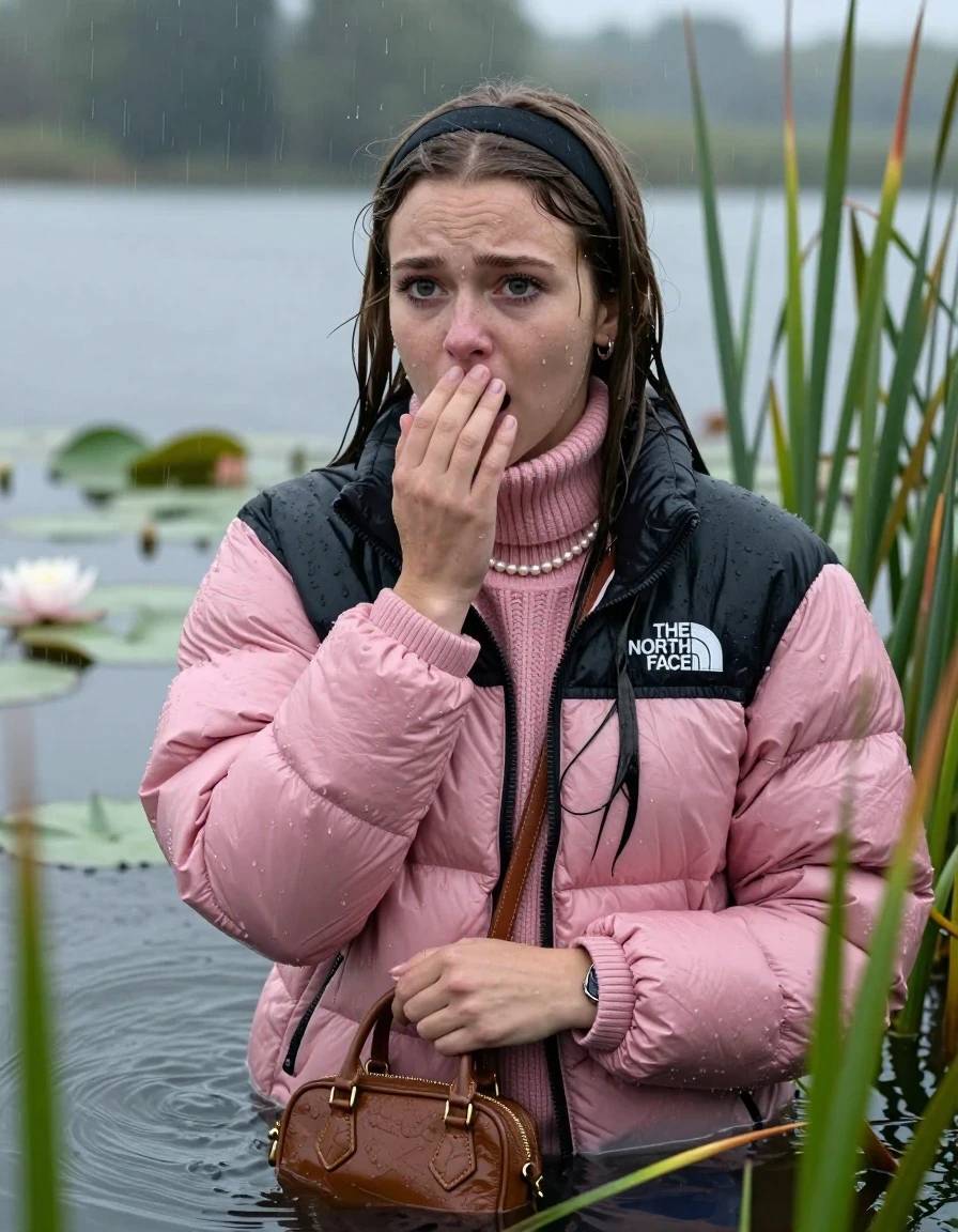 photo of young woman, in soaking wet, drenched clothes,
, , Light pink puffer down jacket from north face,  knit turtleneck sweater, handbag, pearl necklace, bracelet, wristwatch , Emerging after diving in a lake with water lilies and reeds, rain , 
enjoying, wet clothes stuck to body,
detailed textures of the wet clothes, wet face, wet plastered hair,
wet, drenched, professional, high-quality details, full body view.
sharp focus, ultra-high pixel detail, realistic, high-quality, full colors, incredibly detailed, 4k, 8k, 16k, hyper-realistic, RAW photo, masterpiece, ultra-detailed, professionally color graded, professional photograph, Sleek long straight hair, hairband

19 years old  teenage girl

Hold her hand on her mouth, open mouth, big eyes

she is completely underwater up to her neck, frustrated and sad expression.

She hides in the reeds and is surprised by spectators

her submerged clothes are hardly vusible under water, she soaked her handbag into the water

close up view, wet skin, wet clothes, wet hair, damp fabric, water runs down the clothes, wet skin, wet clothes, damp fabric, wet skin, wet clothes, damp fabric, wet skin, wet clothes, damp fabric, wet skin, wet clothes, damp fabric, wet skin, wet clothes, damp fabric, wet skin, wet clothes, damp fabric, wet skin, wet clothes, damp fabric, wet skin, wet clothes, damp fabric, wet skin, wet clothes, damp fabric, wet skin, wet clothes, damp fabric, wet skin, wet clothes, damp fabric, wet skin, wet clothes, damp fabric