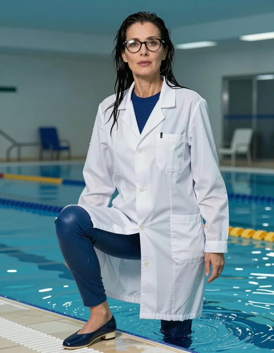 photo of young woman, in soaking wet, drenched clothes,
shoes, long blue leather jeans, dark blue sweater with neck, maxi white labcoat, swim under water, indoor swimming pool, enjoying wet clothes stuck body, 
enjoying, wet clothes stuck to body,
detailed textures of the wet clothes, wet face, wet plastered hair,
wet, drenched, professional, high-quality details, full body view.
sharp focus, ultra-high pixel detail, realistic, high-quality, full colors, incredibly detailed, 4k, 8k, 16k, hyper-realistic, RAW photo, masterpiece, ultra-detailed, professionally color graded, professional photograph, europen brunette skinny woman 50 years old, long dark black hair, very big and thick lips,  office glasses, complete body, wet skin, wet clothes, damp fabric, wet skin, wet clothes, damp fabric, wet skin, wet clothes, damp fabric, wet skin, wet clothes, damp fabric, wet skin, wet clothes, damp fabric