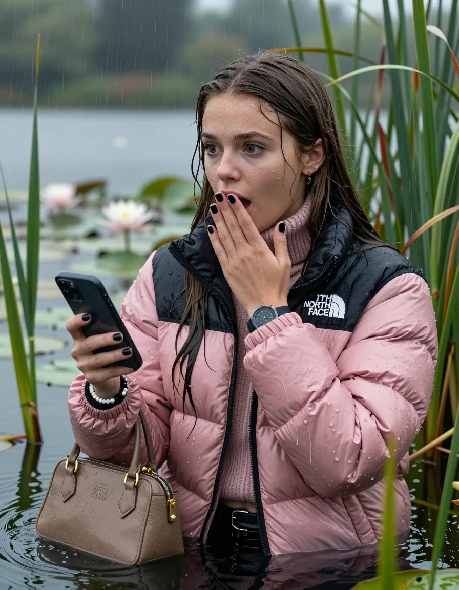 photo of young woman, in soaking wet, drenched clothes,
, , Light pink puffer down jacket from north face,  knit turtleneck sweater, handbag, pearl necklace, bracelet, wristwatch , black nails, Emerging after diving in a lake with water lilies and reeds, rain , 
enjoying, wet clothes stuck to body,
detailed textures of the wet clothes, wet face, wet plastered hair,
wet, drenched, professional, high-quality details, full body view.
sharp focus, ultra-high pixel detail, realistic, high-quality, full colors, incredibly detailed, 4k, 8k, 16k, hyper-realistic, RAW photo, masterpiece, ultra-detailed, professionally color graded, professional photograph, Brunette Sleek long straight hair

19 years old  teenage girl

open mouth, big eyes, hold one hand over her mouth and in the other hand her smartphone. Looking to the side.

she is completely underwater up to her neck, afraid and astonished expression.

She hides in the reeds and is surprised by spectators

her submerged clothes are hardly vusible under water, she soaked her handbag into the water

close up view, wet skin, wet clothes, wet hair, damp fabric, water runs down the clothes, wet skin, wet clothes, damp fabric, wet skin, wet clothes, damp fabric, wet skin, wet clothes, damp fabric, wet skin, wet clothes, damp fabric, wet skin, wet clothes, damp fabric, wet skin, wet clothes, damp fabric, wet skin, wet clothes, damp fabric, wet skin, wet clothes, damp fabric, wet skin, wet clothes, damp fabric, wet skin, wet clothes, damp fabric, wet skin, wet clothes, damp fabric, wet skin, wet clothes, damp fabric, wet skin, wet clothes, damp fabric, wet skin, wet clothes, damp fabric, wet skin, wet clothes, damp fabric