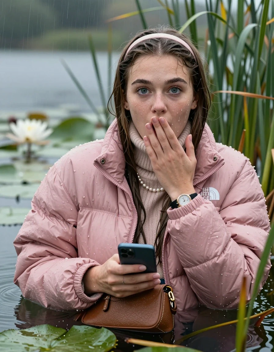 photo of young woman, in soaking wet, drenched clothes,
, , Light pink puffer down jacket from north face,  knit turtleneck sweater, handbag, pearl necklace, bracelet, wristwatch , Emerging after diving in a lake with water lilies and reeds, rain , 
enjoying, wet clothes stuck to body,
detailed textures of the wet clothes, wet face, wet plastered hair,
wet, drenched, professional, high-quality details, full body view.
sharp focus, ultra-high pixel detail, realistic, high-quality, full colors, incredibly detailed, 4k, 8k, 16k, hyper-realistic, RAW photo, masterpiece, ultra-detailed, professionally color graded, professional photograph, Sleek long straight hair with hairband

19 years old  teenage girl

open mouth, big eyes, cover her mouth with a hand and in the other hand her smartphone. Laying her breast on the surface.  Looking at camera.

she is completely underwater up to her neck, afraid and astonished expression.

She hides in the reeds and is surprised by spectators

her submerged clothes are hardly vusible under water, she soaked her handbag into the water

close up view, wet skin, wet clothes, wet hair, damp fabric, water runs down the clothes, wet skin, wet clothes, damp fabric, wet skin, wet clothes, damp fabric, wet skin, wet clothes, damp fabric, wet skin, wet clothes, damp fabric, wet skin, wet clothes, damp fabric, wet skin, wet clothes, damp fabric, wet skin, wet clothes, damp fabric, wet skin, wet clothes, damp fabric, wet skin, wet clothes, damp fabric, wet skin, wet clothes, damp fabric, wet skin, wet clothes, damp fabric, wet skin, wet clothes, damp fabric, wet skin, wet clothes, damp fabric, wet skin, wet clothes, damp fabric, wet skin, wet clothes, damp fabric, wet skin, wet clothes, damp fabric
