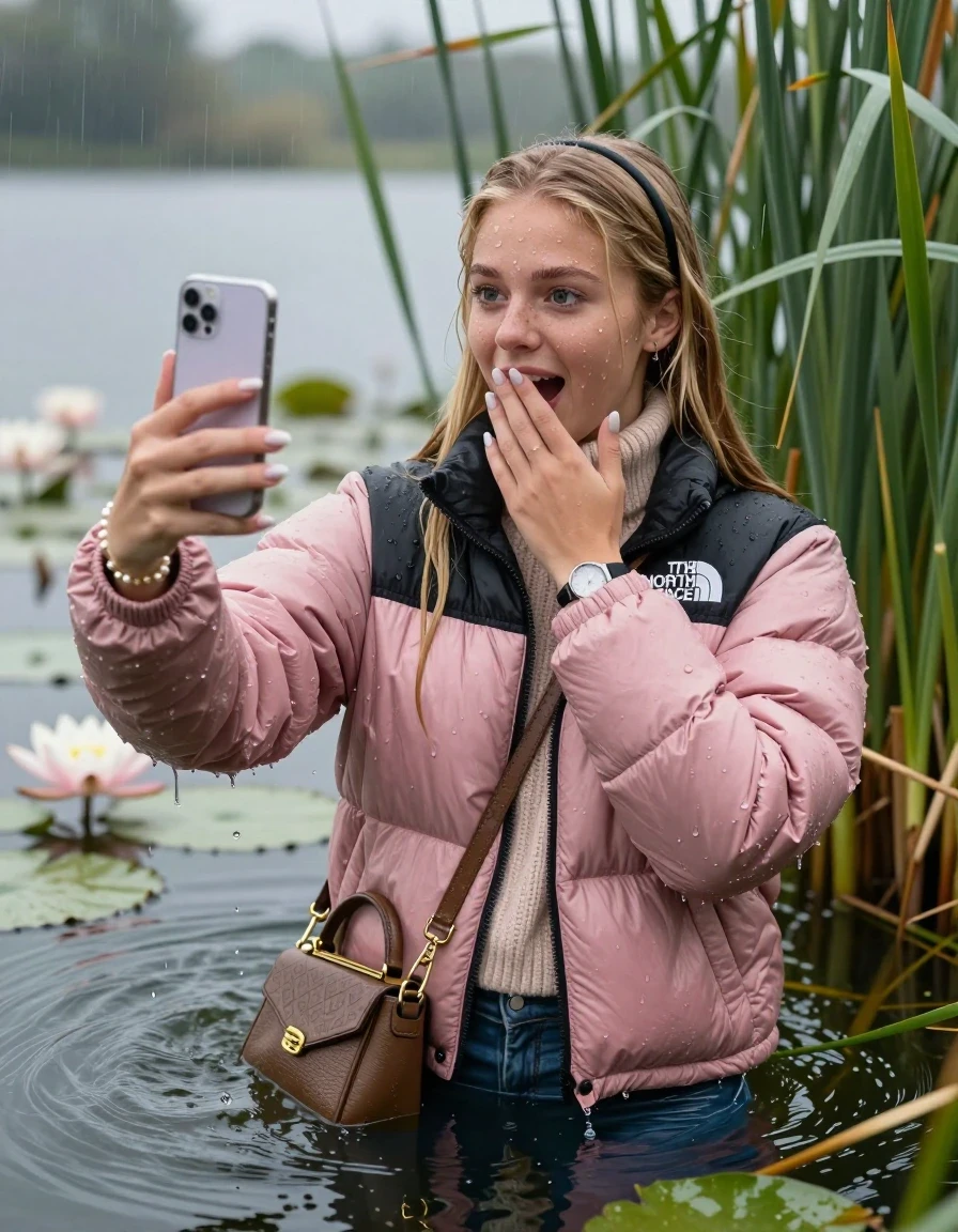 photo of young woman, in soaking wet, drenched clothes,
, , Light pink puffer down jacket from north face,  knit turtleneck sweater, handbag, pearl necklace, bracelet, wristwatch , knitted scarf, Emerging after diving in a lake with water lilies and reeds, rain , 
enjoying, wet clothes stuck to body,
detailed textures of the wet clothes, wet face, wet plastered hair,
wet, drenched, professional, high-quality details, full body view.
sharp focus, ultra-high pixel detail, realistic, high-quality, full colors, incredibly detailed, 4k, 8k, 16k, hyper-realistic, RAW photo, masterpiece, ultra-detailed, professionally color graded, professional photograph, Blonde Sleek long straight hair, hairband

19 years old  teenage girl

open mouth, big eyes, hold a hand on her mouth and a smartphone in her other hand while sinking under water and take a selfie 

she is completely underwater up to her neck, satisfied and enthusiastic expression.

She hides in the reeds and is surprised by spectators

her submerged clothes are hardly vusible under water, she soaked her handbag into the water

close up view, wet skin, wet clothes, wet hair, damp fabric, water runs down the clothes, wet skin, wet clothes, damp fabric, wet skin, wet clothes, damp fabric, wet skin, wet clothes, damp fabric, wet skin, wet clothes, damp fabric, wet skin, wet clothes, damp fabric, wet skin, wet clothes, damp fabric, wet skin, wet clothes, damp fabric, wet skin, wet clothes, damp fabric, wet skin, wet clothes, damp fabric, wet skin, wet clothes, damp fabric, wet skin, wet clothes, damp fabric, wet skin, wet clothes, damp fabric, wet skin, wet clothes, damp fabric