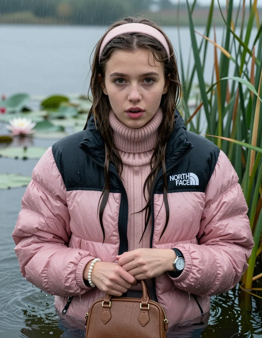 photo of young woman, in soaking wet, drenched clothes,
, , Light pink puffer down jacket from north face,  knit turtleneck sweater, handbag, pearl necklace, bracelet, wristwatch , knitted scarf, Emerging after diving in a lake with water lilies and reeds, rain , 
enjoying, wet clothes stuck to body,
detailed textures of the wet clothes, wet face, wet plastered hair,
wet, drenched, professional, high-quality details, full body view.
sharp focus, ultra-high pixel detail, realistic, high-quality, full colors, incredibly detailed, 4k, 8k, 16k, hyper-realistic, RAW photo, masterpiece, ultra-detailed, professionally color graded, professional photograph, Sleek long straight hair, hairband

19 years old  teenage girl

she is completely underwater up to her neck, careful and shy expression. Looking at camera. 

She hides in the reeds and is surprised by spectators

her submerged clothes are hardly vusible under water, she soaked her handbag into the water

close up view, wet skin, wet clothes, wet hair, damp fabric, water runs down the clothes, wet skin, wet clothes, damp fabric, wet skin, wet clothes, damp fabric, wet skin, wet clothes, damp fabric, wet skin, wet clothes, damp fabric, wet skin, wet clothes, damp fabric, wet skin, wet clothes, damp fabric, wet skin, wet clothes, damp fabric, wet skin, wet clothes, damp fabric, wet skin, wet clothes, damp fabric, wet skin, wet clothes, damp fabric, wet skin, wet clothes, damp fabric, wet skin, wet clothes, damp fabric, wet skin, wet clothes, damp fabric, wet skin, wet clothes, damp fabric