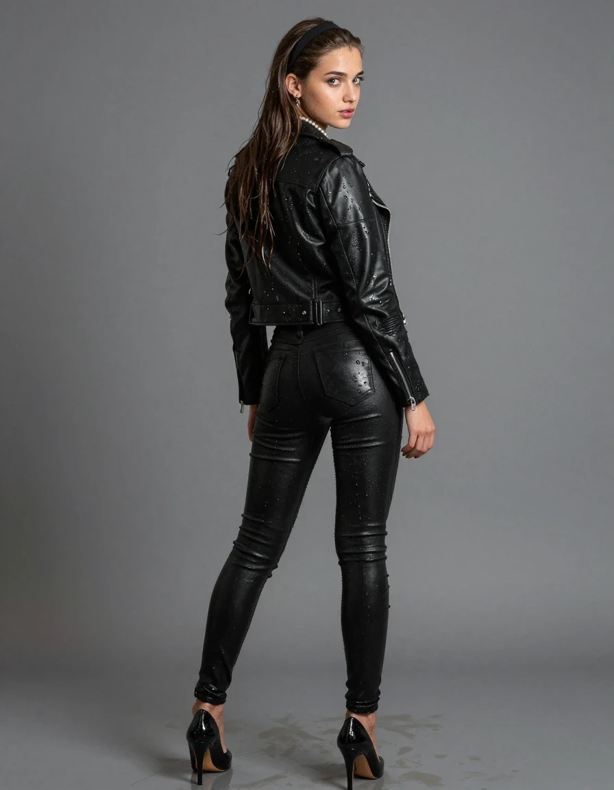photo of young woman, in soaking wet, drenched clothes,
pumps, soaking wet tight skinny jeans, Black biker leatherjacket, crop top, Pearl necklace, looking from back to camera, 
enjoying, wet clothes stuck to body,
detailed textures of the wet clothes, wet face, wet plastered hair,
wet, drenched, professional, high-quality details, full body view.
sharp focus, ultra-high pixel detail, realistic, high-quality, full colors, incredibly detailed, 4k, 8k, 16k, hyper-realistic, RAW photo, masterpiece, ultra-detailed, professionally color graded, professional photograph, A realistic vertical fashion photograph of a 15-years-old young teenage girl. sleek long straight hair with hairband. looking at camera., wet skin, wet clothes, damp fabric, wet skin, wet clothes, damp fabric