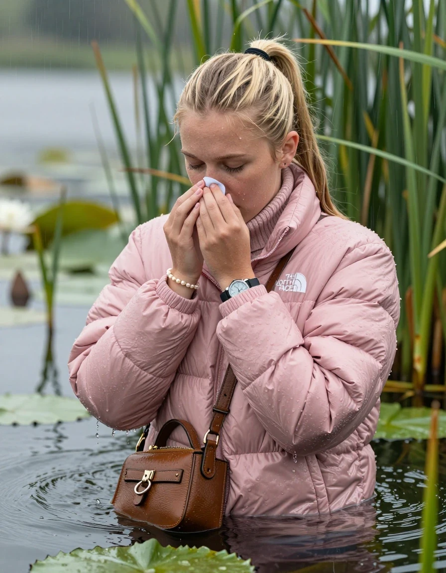 photo of young woman, in soaking wet, drenched clothes,
, , Light pink puffer down jacket from north face,  knit turtleneck sweater, handbag, pearl necklace, bracelet, wristwatch , Emerging after diving in a lake with water lilies and reeds, rain , 
enjoying, wet clothes stuck to body,
detailed textures of the wet clothes, wet face, wet plastered hair,
wet, drenched, professional, high-quality details, full body view.
sharp focus, ultra-high pixel detail, realistic, high-quality, full colors, incredibly detailed, 4k, 8k, 16k, hyper-realistic, RAW photo, masterpiece, ultra-detailed, professionally color graded, professional photograph, Blonde Sleek long ponytail with bangs, hairband

18-years-old  teenage girl

Hold her nose, closed mouth, half closed eyes

she is completely underwater up to her neck, shocked expression.

She hides in the reeds and is surprised by spectators

her submerged clothes are hardly vusible under water, she soaked her handbag into the water

close up view, wet skin, wet clothes, wet hair, damp fabric, water runs down the clothes, wet skin, wet clothes, damp fabric, wet skin, wet clothes, damp fabric, wet skin, wet clothes, damp fabric, wet skin, wet clothes, damp fabric, wet skin, wet clothes, damp fabric, wet skin, wet clothes, damp fabric, wet skin, wet clothes, damp fabric, wet skin, wet clothes, damp fabric, wet skin, wet clothes, damp fabric, wet skin, wet clothes, damp fabric, wet skin, wet clothes, damp fabric, wet skin, wet clothes, damp fabric