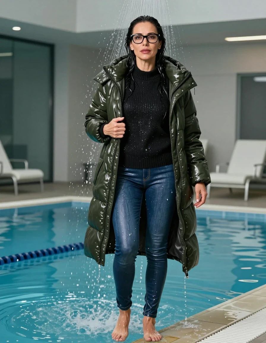 photo of young woman, in soaking wet, drenched clothes,
shoes, long blue leather jeans, BLACK sweater DRESS with neck, maxi dark green DOWN JACKET, TAKING SHOWER, indoor swimming pool, enjoying wet clothes stuck body, 
enjoying, wet clothes stuck to body,
detailed textures of the wet clothes, wet face, wet plastered hair,
wet, drenched, professional, high-quality details, full body view.
sharp focus, ultra-high pixel detail, realistic, high-quality, full colors, incredibly detailed, 4k, 8k, 16k, hyper-realistic, RAW photo, masterpiece, ultra-detailed, professionally color graded, professional photograph, europen brunette skinny woman 50 years old, long dark black hair, very big and thick lips,  office glasses, complete body, wet skin, wet clothes, damp fabric, wet skin, wet clothes, damp fabric, wet skin, wet clothes, damp fabric, wet skin, wet clothes, damp fabric, wet skin, wet clothes, damp fabric