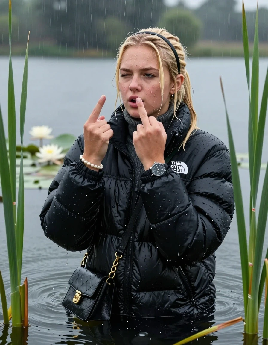 photo of young woman, in soaking wet, drenched clothes,
, , Black puffer down jacket from north face,  knit turtleneck sweater, handbag, pearl necklace, bracelet, wristwatch , Emerging after diving in a lake with water lilies and reeds, rain , 
enjoying, wet clothes stuck to body,
detailed textures of the wet clothes, wet face, wet plastered hair,
wet, drenched, professional, high-quality details, full body view.
sharp focus, ultra-high pixel detail, realistic, high-quality, full colors, incredibly detailed, 4k, 8k, 16k, hyper-realistic, RAW photo, masterpiece, ultra-detailed, professionally color graded, professional photograph, Blonde Sleek long ponytail with bangs, hairband

18-years-old  teenage girl

Shows the stink finger, closed mouth, half closed eyes, looking up

she is completely underwater up to her neck, aroused expression.

She hides in the reeds and is surprised by spectators

her submerged clothes are hardly vusible under water, she soaked her handbag into the water

close up view, wet skin, wet clothes, wet hair, damp fabric, water runs down the clothes, wet skin, wet clothes, damp fabric, wet skin, wet clothes, damp fabric, wet skin, wet clothes, damp fabric, wet skin, wet clothes, damp fabric, wet skin, wet clothes, damp fabric, wet skin, wet clothes, damp fabric, wet skin, wet clothes, damp fabric, wet skin, wet clothes, damp fabric, wet skin, wet clothes, damp fabric, wet skin, wet clothes, damp fabric, wet skin, wet clothes, damp fabric, wet skin, wet clothes, damp fabric