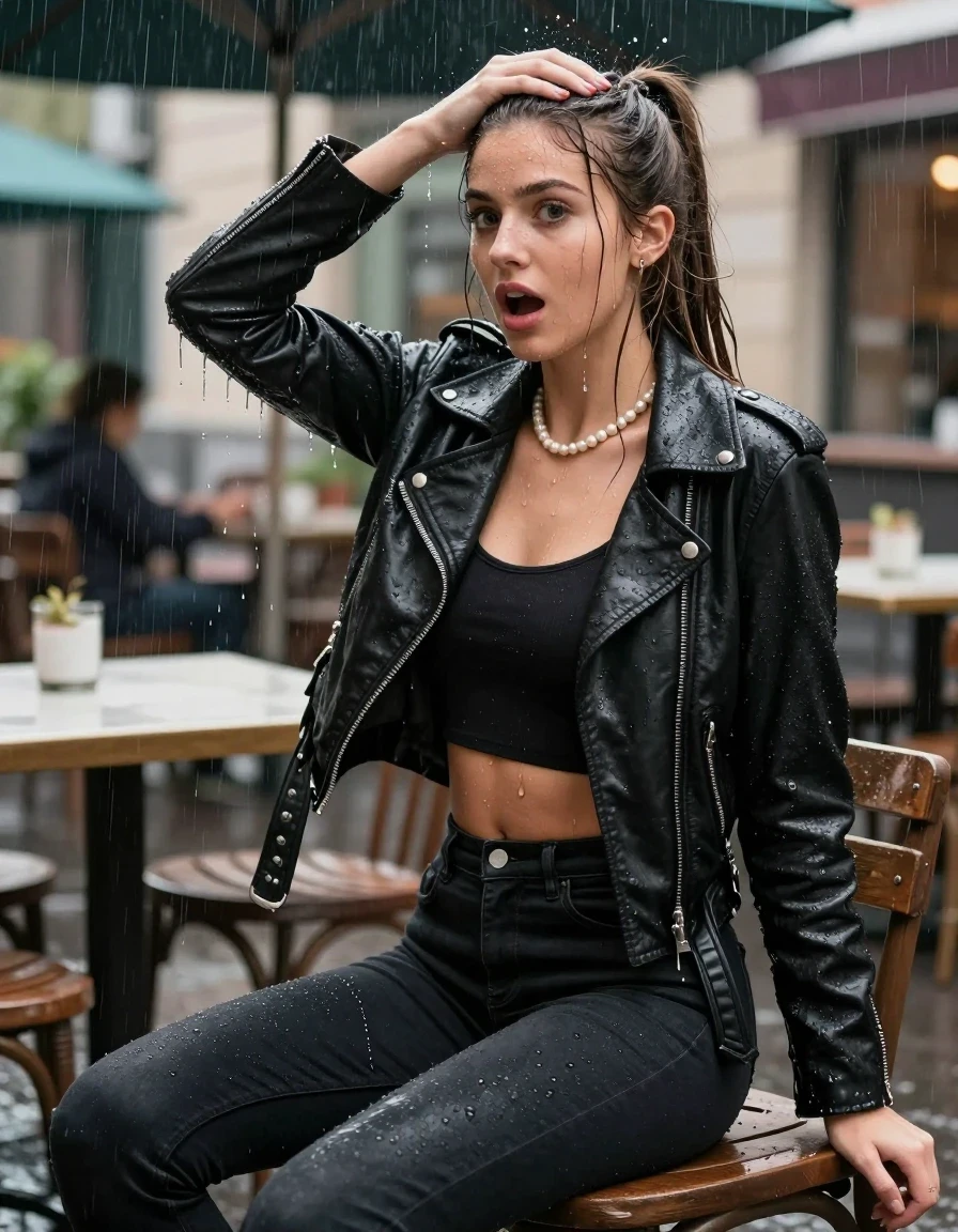 photo of young woman, in soaking wet, drenched clothes,
,  tight black skinny jeans, Black biker leatherjacket, crop top, Pearl necklace, bracelet, shoulderbag, sitting under heavy rain at outdoor restaurant, enjoying wet clothes stuck body, 
enjoying, wet clothes stuck to body,
detailed textures of the wet clothes, wet face, wet plastered hair,
wet, drenched, professional, high-quality details, full body view.
sharp focus, ultra-high pixel detail, realistic, high-quality, full colors, incredibly detailed, 4k, 8k, 16k, hyper-realistic, RAW photo, masterpiece, ultra-detailed, professionally color graded, professional photograph, 15-years-old young teenage girl. afraid and astonished, open mouth, big eyes. holding her hand over her head. sleek long ponytail, wet skin, wet clothes, water runs from her body and her clothes in streams. A lot of water also runs out of her clothes. Her clothes are darkened by the water. Her submerged clothes are clinging wet.  fabric, wet skin, wet clothes, damp fabric