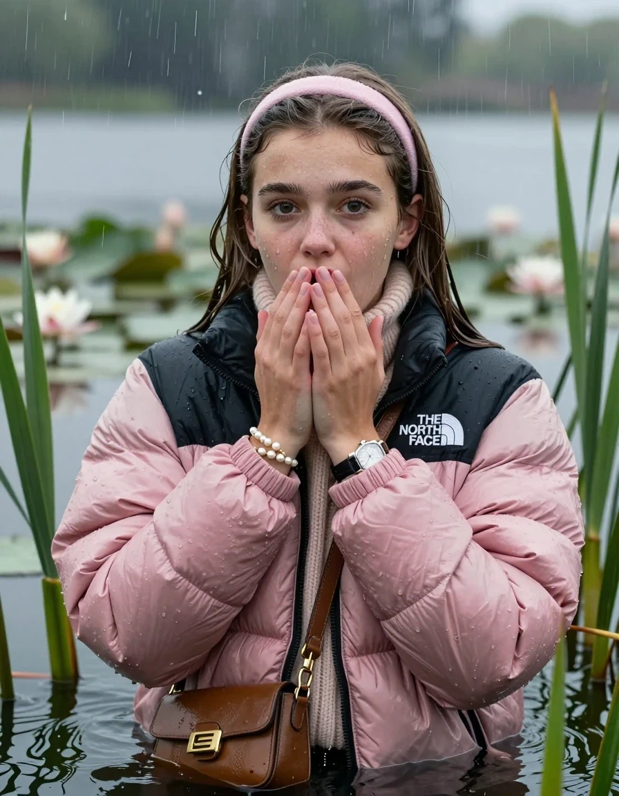 photo of young woman, in soaking wet, drenched clothes,
, , Light pink puffer down jacket from north face,  knit turtleneck sweater, handbag, pearl necklace, bracelet, wristwatch , knitted scarf, Emerging after diving in a lake with water lilies and reeds, rain , 
enjoying, wet clothes stuck to body,
detailed textures of the wet clothes, wet face, wet plastered hair,
wet, drenched, professional, high-quality details, full body view.
sharp focus, ultra-high pixel detail, realistic, high-quality, full colors, incredibly detailed, 4k, 8k, 16k, hyper-realistic, RAW photo, masterpiece, ultra-detailed, professionally color graded, professional photograph, Sleek long straight hair, hairband

19 years old  teenage girl

she is completely underwater up to her shoulders, careful and shy expression. Looking at camera. Hold a hand over her mouth. Open mouth, big eyes.

She hides in the reeds and is surprised by spectators

her submerged clothes are hardly vusible under water, she soaked her handbag into the water

close up view, wet skin, wet clothes, wet hair, damp fabric, water runs down the clothes, wet skin, wet clothes, damp fabric, wet skin, wet clothes, damp fabric, wet skin, wet clothes, damp fabric, wet skin, wet clothes, damp fabric, wet skin, wet clothes, damp fabric, wet skin, wet clothes, damp fabric, wet skin, wet clothes, damp fabric, wet skin, wet clothes, damp fabric, wet skin, wet clothes, damp fabric, wet skin, wet clothes, damp fabric, wet skin, wet clothes, damp fabric, wet skin, wet clothes, damp fabric, wet skin, wet clothes, damp fabric, wet skin, wet clothes, damp fabric