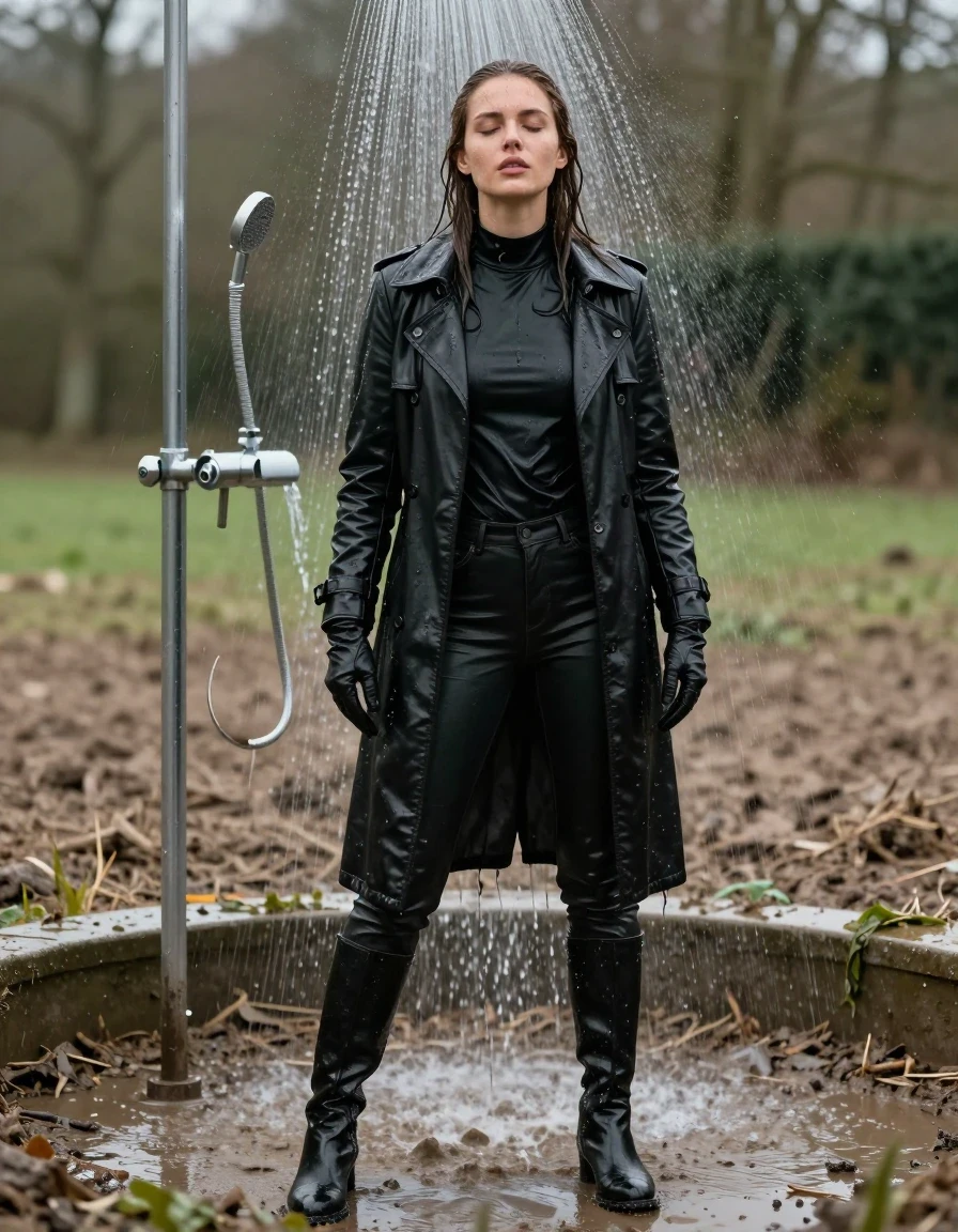 photo of young woman, in soaking wet, drenched clothes,
black leather knee-high boots, black leather jeans, black leather polar neck shirt, leather gloves on both hands, black leather trench coat, standing under an indoor shower, drenched, 
enjoying, wet clothes stuck to body,
detailed textures of the wet clothes, wet face, wet plastered hair,
wet, drenched, professional, high-quality details, full body view.
sharp focus, ultra-high pixel detail, realistic, high-quality, full colors, incredibly detailed, 4k, 8k, 16k, hyper-realistic, RAW photo, masterpiece, ultra-detailed, professionally color graded, professional photograph, white woman, long dripping wet brown hair,, wet skin, wet clothes, damp fabric, standing directly under the water from the fountain, wet skin, wet clothes, damp fabric, covered in mud from the muddy field, wet skin, wet clothes, damp fabric