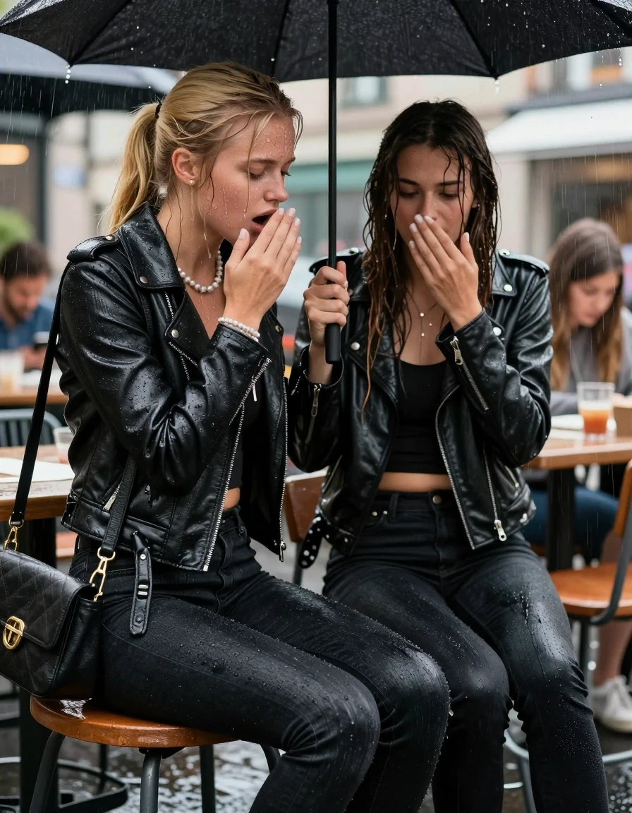 photo of young woman, in soaking wet, drenched clothes,
,  tight black skinny jeans, Black biker leatherjacket, crop top, Pearl necklace, bracelet, shoulderbag, fully soaked 15-years-old teenage girl and her friend sitting under heavy rain at outdoor restaurant, enjoying wet clothes stuck body, 
enjoying, wet clothes stuck to body,
detailed textures of the wet clothes, wet face, wet plastered hair,
wet, drenched, professional, high-quality details, full body view.
sharp focus, ultra-high pixel detail, realistic, high-quality, full colors, incredibly detailed, 4k, 8k, 16k, hyper-realistic, RAW photo, masterpiece, ultra-detailed, professionally color graded, professional photograph, fully soaked 15-years-old young teenage girl. blonde sleek long ponytail. afraid and astonished, open mouth, half closed eyes. holding her hand over her mouth. looking slightly down. wet skin, wet clothes, water runs from her body and her clothes in streams. A lot of water also runs out of her clothes. Her clothes are darkened by the water. Her submerged clothes are clinging wet.  The girls wear different clothes., wet skin, wet clothes, damp fabric, wet skin, wet clothes, damp fabric