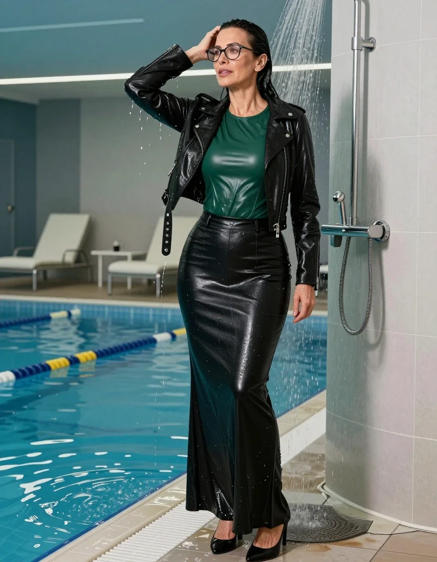 photo of young woman, in soaking wet, drenched clothes,
shoes, maxi flared black leather skirt, dark green leather top with neck with long sleeves, black leather byker jacket, TAKING SHOWER, indoor swimming pool, enjoying wet clothes stuck body, 
enjoying, wet clothes stuck to body,
detailed textures of the wet clothes, wet face, wet plastered hair,
wet, drenched, professional, high-quality details, full body view.
sharp focus, ultra-high pixel detail, realistic, high-quality, full colors, incredibly detailed, 4k, 8k, 16k, hyper-realistic, RAW photo, masterpiece, ultra-detailed, professionally color graded, professional photograph, europen brunette skinny woman 50 years old, long dark black hair, very big and thick lips,  office glasses, complete body, wet skin, wet clothes, damp fabric, wet skin, wet clothes, damp fabric, wet skin, wet clothes, damp fabric, wet skin, wet clothes, damp fabric, wet skin, wet clothes, damp fabric