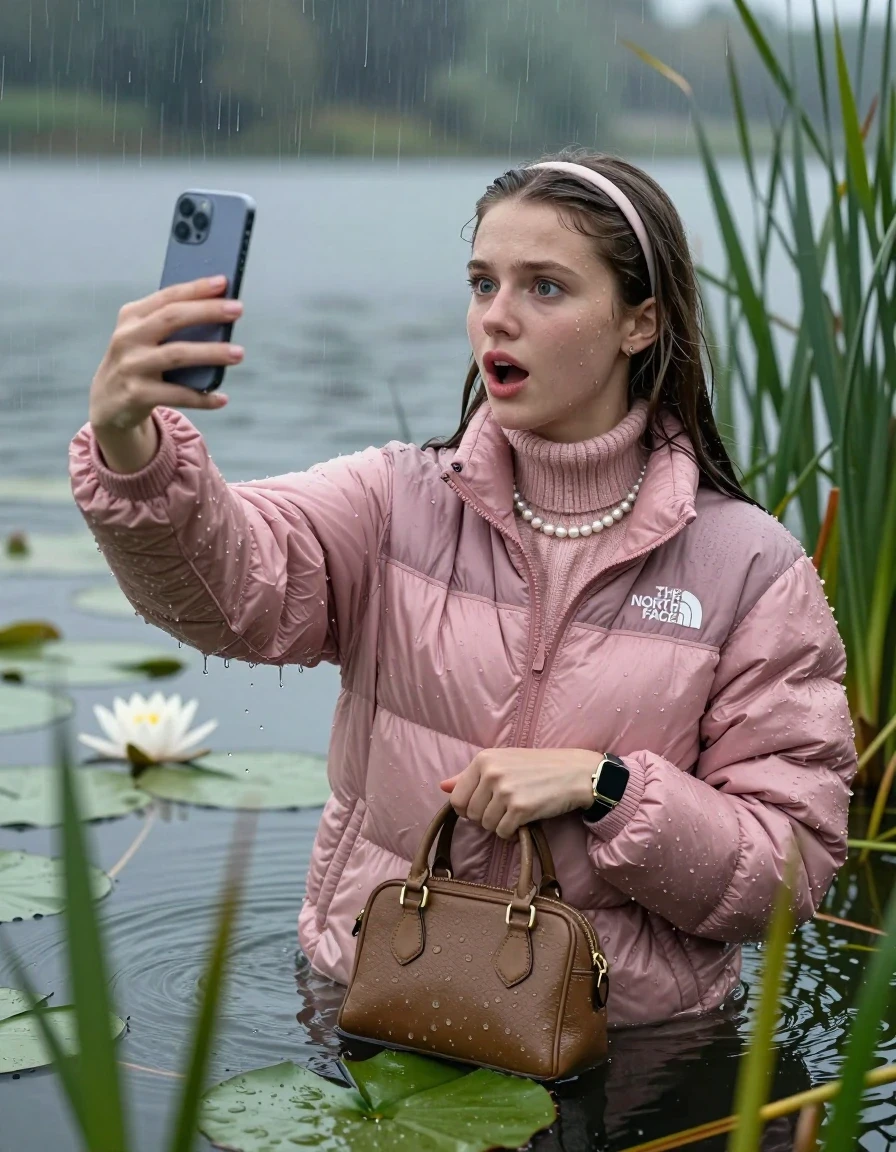 photo of young woman, in soaking wet, drenched clothes,
, , Light pink puffer down jacket from north face,  knit turtleneck sweater, handbag, pearl necklace, bracelet, wristwatch , Emerging after diving in a lake with water lilies and reeds, rain , 
enjoying, wet clothes stuck to body,
detailed textures of the wet clothes, wet face, wet plastered hair,
wet, drenched, professional, high-quality details, full body view.
sharp focus, ultra-high pixel detail, realistic, high-quality, full colors, incredibly detailed, 4k, 8k, 16k, hyper-realistic, RAW photo, masterpiece, ultra-detailed, professionally color graded, professional photograph, Sleek long straight hair, hairband

19 years old  teenage girl

take a selfie with her Smartphone, open mouth, big eyes

she is completely underwater up to her neck, afraid  and astonished expression.

She hides in the reeds and is surprised by spectators

her submerged clothes are hardly vusible under water, she soaked her handbag into the water

close up view, wet skin, wet clothes, wet hair, damp fabric, water runs down the clothes, wet skin, wet clothes, damp fabric, wet skin, wet clothes, damp fabric, wet skin, wet clothes, damp fabric, wet skin, wet clothes, damp fabric, wet skin, wet clothes, damp fabric, wet skin, wet clothes, damp fabric, wet skin, wet clothes, damp fabric, wet skin, wet clothes, damp fabric, wet skin, wet clothes, damp fabric, wet skin, wet clothes, damp fabric, wet skin, wet clothes, damp fabric, wet skin, wet clothes, damp fabric