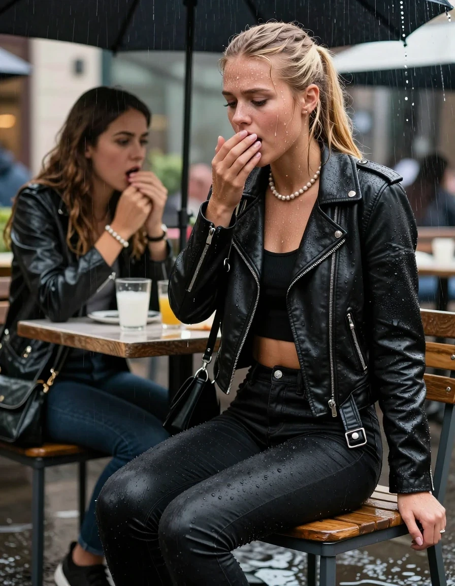 photo of young woman, in soaking wet, drenched clothes,
,  tight black skinny jeans, Black biker leatherjacket, crop top, Pearl necklace, bracelet, shoulderbag, fully soaked 15-years-old teenage girl and her friend sitting under heavy rain at outdoor restaurant, enjoying wet clothes stuck body, 
enjoying, wet clothes stuck to body,
detailed textures of the wet clothes, wet face, wet plastered hair,
wet, drenched, professional, high-quality details, full body view.
sharp focus, ultra-high pixel detail, realistic, high-quality, full colors, incredibly detailed, 4k, 8k, 16k, hyper-realistic, RAW photo, masterpiece, ultra-detailed, professionally color graded, professional photograph, fully soaked 15-years-old young teenage girl. blonde sleek long ponytail. afraid and astonished, open mouth, half closed eyes. holding her hand over her mouth. looking slightly down. wet skin, wet clothes, water runs from her body and her clothes in streams. A lot of water also runs out of her clothes. Her clothes are darkened by the water. Her submerged clothes are clinging wet.  The girls wear different clothes., wet skin, wet clothes, damp fabric, wet skin, wet clothes, damp fabric