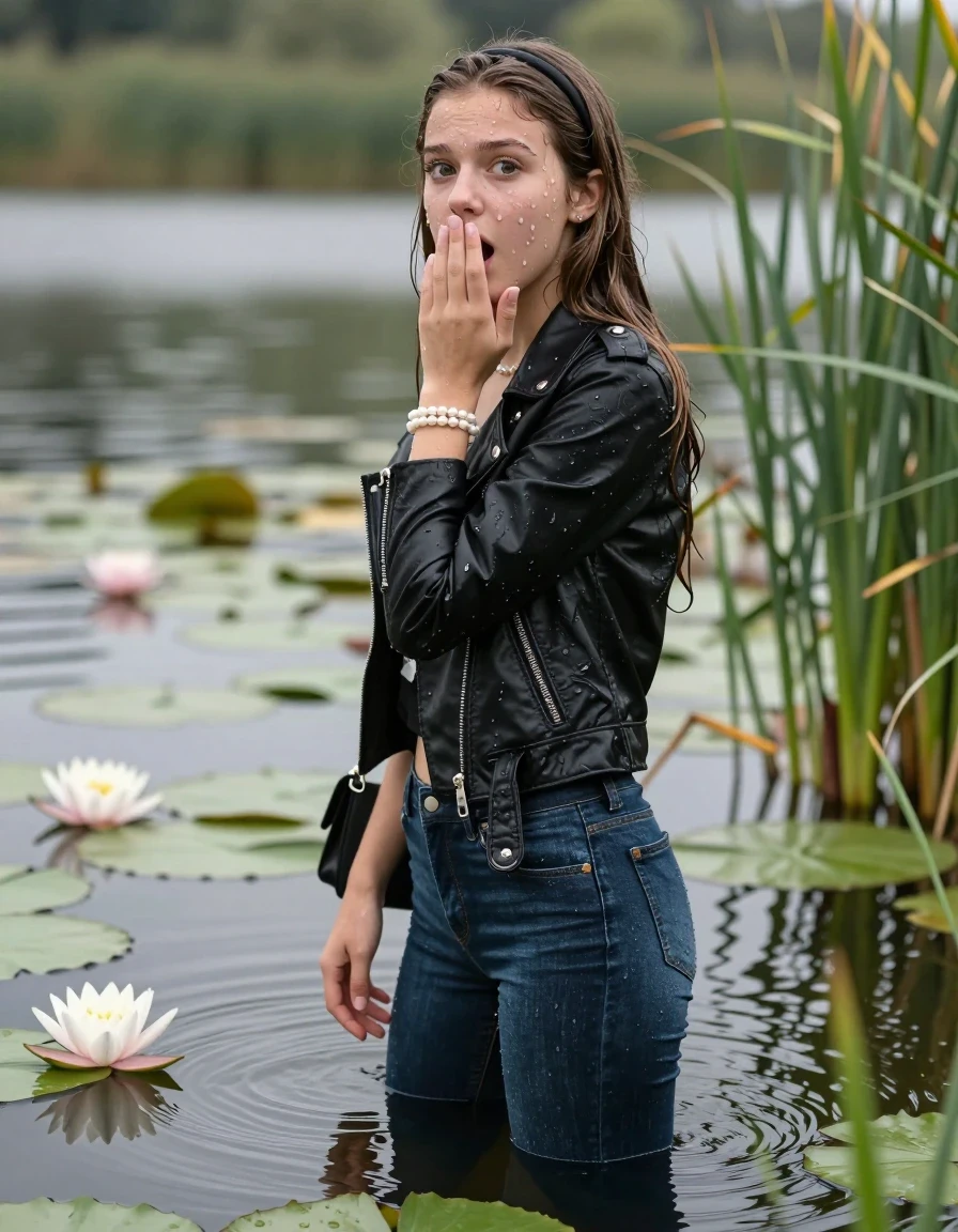 photo of young woman, in soaking wet, drenched clothes,
,  tight skinny jeans, Black biker leatherjacket, crop top, Pearl necklace, bracelet, shoulderbag, looking from back to camera submerged in lake with water lilies and reeds, 
enjoying, wet clothes stuck to body,
detailed textures of the wet clothes, wet face, wet plastered hair,
wet, drenched, professional, high-quality details, full body view.
sharp focus, ultra-high pixel detail, realistic, high-quality, full colors, incredibly detailed, 4k, 8k, 16k, hyper-realistic, RAW photo, masterpiece, ultra-detailed, professionally color graded, professional photograph, A realistic vertical fashion photograph of a 15-years-old young teenage girl. afraid and astonished, open mouth, big eyes. holding her hand over her mouth. sleek long straight hair with hairband. looking at camera., wet skin, wet clothes, damp fabric, wet skin, wet clothes, damp fabric