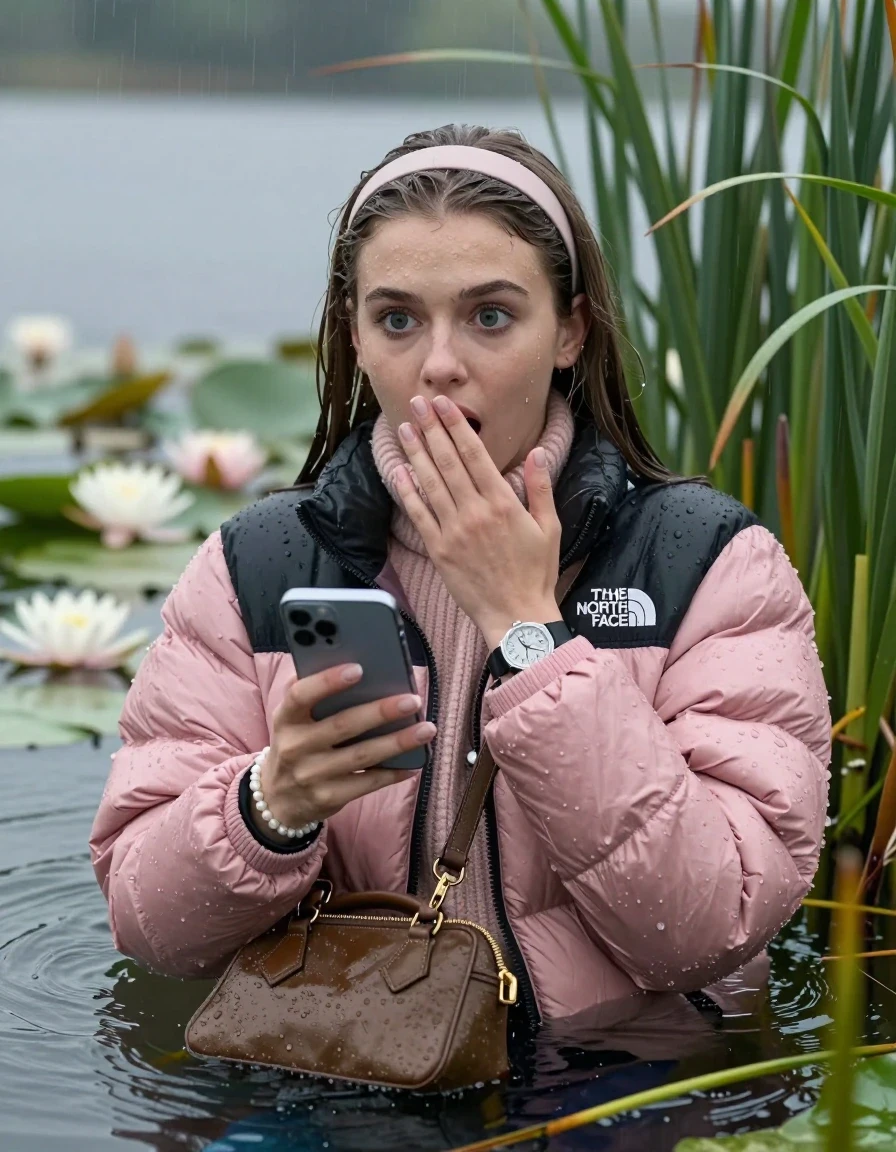 photo of young woman, in soaking wet, drenched clothes,
, , Light pink puffer down jacket from north face,  knit turtleneck sweater, handbag, pearl necklace, bracelet, wristwatch , Emerging after diving in a lake with water lilies and reeds, rain , 
enjoying, wet clothes stuck to body,
detailed textures of the wet clothes, wet face, wet plastered hair,
wet, drenched, professional, high-quality details, full body view.
sharp focus, ultra-high pixel detail, realistic, high-quality, full colors, incredibly detailed, 4k, 8k, 16k, hyper-realistic, RAW photo, masterpiece, ultra-detailed, professionally color graded, professional photograph, Sleek long straight hair with hairband

19 years old  teenage girl

open mouth, big eyes, cover her mouth with a hand and in the other hand her smartphone. Laying her breast on the surface.  Looking at camera.

she is completely underwater up to her neck, afraid and astonished expression.

She hides in the reeds and is surprised by spectators

her submerged clothes are hardly vusible under water, she soaked her handbag into the water

close up view, wet skin, wet clothes, wet hair, damp fabric, water runs down the clothes, wet skin, wet clothes, damp fabric, wet skin, wet clothes, damp fabric, wet skin, wet clothes, damp fabric, wet skin, wet clothes, damp fabric, wet skin, wet clothes, damp fabric, wet skin, wet clothes, damp fabric, wet skin, wet clothes, damp fabric, wet skin, wet clothes, damp fabric, wet skin, wet clothes, damp fabric, wet skin, wet clothes, damp fabric, wet skin, wet clothes, damp fabric, wet skin, wet clothes, damp fabric, wet skin, wet clothes, damp fabric, wet skin, wet clothes, damp fabric, wet skin, wet clothes, damp fabric, wet skin, wet clothes, damp fabric
