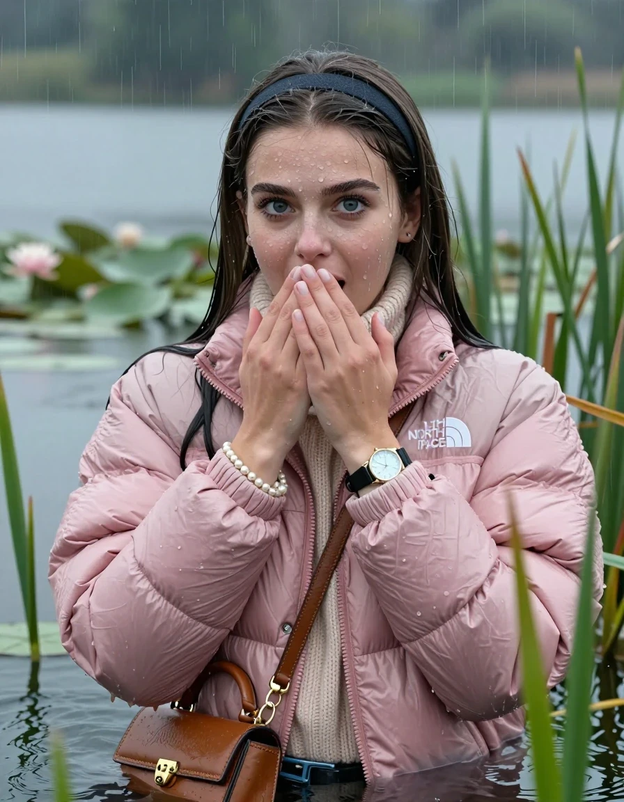 photo of young woman, in soaking wet, drenched clothes,
, , Light pink puffer down jacket from north face,  knit turtleneck sweater, handbag, pearl necklace, bracelet, wristwatch , knitted scarf, Emerging after diving in a lake with water lilies and reeds, rain , 
enjoying, wet clothes stuck to body,
detailed textures of the wet clothes, wet face, wet plastered hair,
wet, drenched, professional, high-quality details, full body view.
sharp focus, ultra-high pixel detail, realistic, high-quality, full colors, incredibly detailed, 4k, 8k, 16k, hyper-realistic, RAW photo, masterpiece, ultra-detailed, professionally color graded, professional photograph, Sleek long straight hair, hairband

19 years old  teenage girl

she is completely underwater up to her neck, careful and shy expression. Looking at camera. Hold a hand over her mouth. Open mouth, big eyes.

She hides in the reeds and is surprised by spectators

her submerged clothes are hardly vusible under water, she soaked her handbag into the water

close up view, wet skin, wet clothes, wet hair, damp fabric, water runs down the clothes, wet skin, wet clothes, damp fabric, wet skin, wet clothes, damp fabric, wet skin, wet clothes, damp fabric, wet skin, wet clothes, damp fabric, wet skin, wet clothes, damp fabric, wet skin, wet clothes, damp fabric, wet skin, wet clothes, damp fabric, wet skin, wet clothes, damp fabric, wet skin, wet clothes, damp fabric, wet skin, wet clothes, damp fabric, wet skin, wet clothes, damp fabric, wet skin, wet clothes, damp fabric, wet skin, wet clothes, damp fabric, wet skin, wet clothes, damp fabric