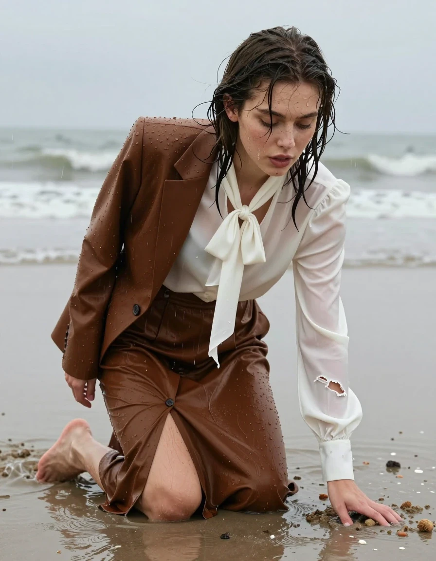 photo of young woman, in soaking wet, drenched clothes,
barefoot, buttoned down brown long skirt, oversized long sleeved white silk blouse with bowtie, brown tuxedo jacket, north sea beach, 
enjoying, wet clothes stuck to body,
detailed textures of the wet clothes, wet face, wet plastered hair,
wet, drenched, professional, high-quality details, full body view.
sharp focus, ultra-high pixel detail, realistic, high-quality, full colors, incredibly detailed, 4k, 8k, 16k, hyper-realistic, RAW photo, masterpiece, ultra-detailed, professionally color graded, professional photograph, exhausted, crawling out to the shore during a rainstorm, clothes are ripped and torn, wet skin, wet clothes, damp fabric