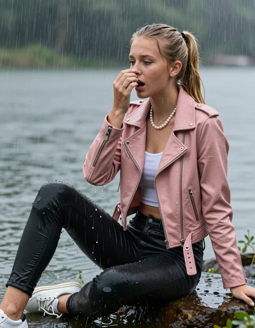 photo of young woman, in soaking wet, drenched clothes,
,  tight black skinny jeans, Light pink biker leatherjacket, crop top, Pearl necklace, bracelet, shoulderbag, fully soaked 15-years-old teenage girl and her friend sitting under heavy rain at a lake, enjoying wet clothes stuck body, 
enjoying, wet clothes stuck to body,
detailed textures of the wet clothes, wet face, wet plastered hair,
wet, drenched, professional, high-quality details, full body view.
sharp focus, ultra-high pixel detail, realistic, high-quality, full colors, incredibly detailed, 4k, 8k, 16k, hyper-realistic, RAW photo, masterpiece, ultra-detailed, professionally color graded, professional photograph, fully soaked 15-years-old young teenage girl. wet plastered blonde sleek long ponytail. afraid and astonished, open mouth, half closed eyes. holding one hand on her nose. looking slightly up. wet skin, wet clothes, water runs from her body and her clothes in streams. A lot of water also runs out of her clothes. Her clothes are darkened by the water. Her submerged clothes are clinging wet.  The girls wear different clothes., wet skin, wet clothes, damp fabric, wet skin, wet clothes, damp fabric, wet skin, wet clothes, damp fabric