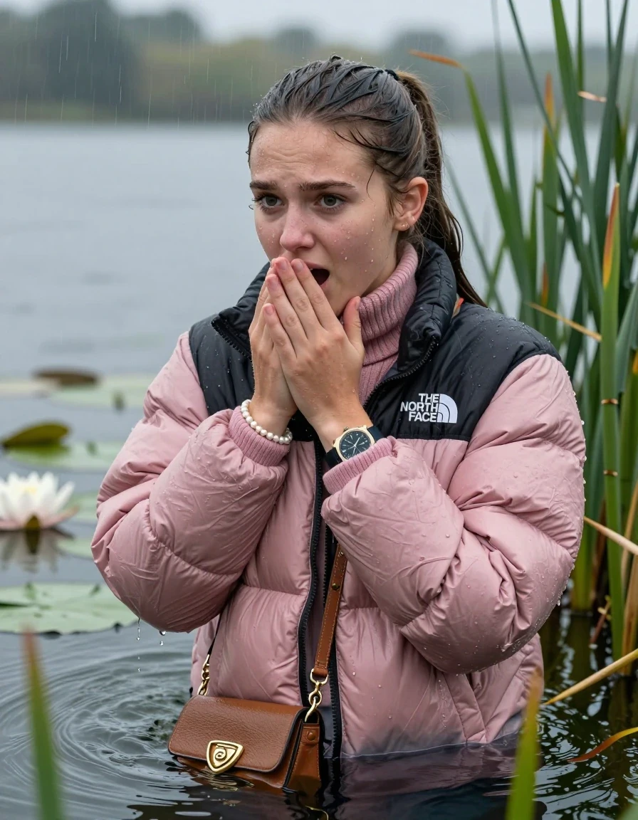 photo of young woman, in soaking wet, drenched clothes,
, , Light pink puffer down jacket from north face,  knit turtleneck sweater, handbag, pearl necklace, bracelet, wristwatch , Emerging after diving in a lake with water lilies and reeds, rain , 
enjoying, wet clothes stuck to body,
detailed textures of the wet clothes, wet face, wet plastered hair,
wet, drenched, professional, high-quality details, full body view.
sharp focus, ultra-high pixel detail, realistic, high-quality, full colors, incredibly detailed, 4k, 8k, 16k, hyper-realistic, RAW photo, masterpiece, ultra-detailed, professionally color graded, professional photograph, Sleek long ponytail, hairband

19 years old  teenage girl

Hold her hand on her mouth, open mouth, big eyes

she is completely underwater up to her neck, frustrated and sad expression.

She hides in the reeds and is surprised by spectators

her submerged clothes are hardly vusible under water, she soaked her handbag into the water

close up view, wet skin, wet clothes, wet hair, damp fabric, water runs down the clothes, wet skin, wet clothes, damp fabric, wet skin, wet clothes, damp fabric, wet skin, wet clothes, damp fabric, wet skin, wet clothes, damp fabric, wet skin, wet clothes, damp fabric, wet skin, wet clothes, damp fabric, wet skin, wet clothes, damp fabric, wet skin, wet clothes, damp fabric, wet skin, wet clothes, damp fabric, wet skin, wet clothes, damp fabric, wet skin, wet clothes, damp fabric, wet skin, wet clothes, damp fabric