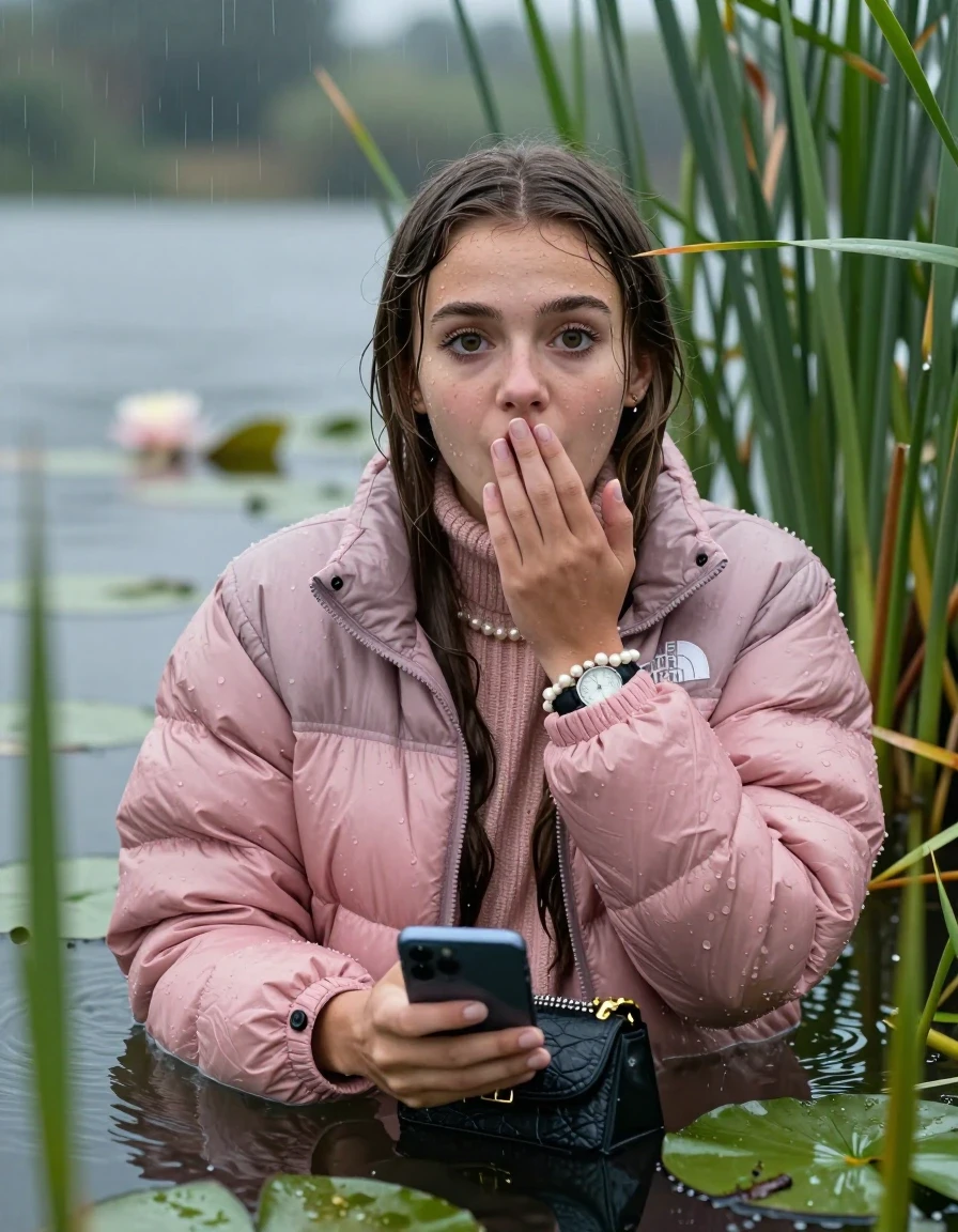 photo of young woman, in soaking wet, drenched clothes,
, , Light pink puffer down jacket from north face,  knit turtleneck sweater, handbag, pearl necklace, bracelet, wristwatch , Emerging after diving in a lake with water lilies and reeds, rain , 
enjoying, wet clothes stuck to body,
detailed textures of the wet clothes, wet face, wet plastered hair,
wet, drenched, professional, high-quality details, full body view.
sharp focus, ultra-high pixel detail, realistic, high-quality, full colors, incredibly detailed, 4k, 8k, 16k, hyper-realistic, RAW photo, masterpiece, ultra-detailed, professionally color graded, professional photograph, Brunette Sleek long straight hair

19 years old  teenage girl

open mouth, big eyes, cover her mouth with a hand and in the other hand her smartphone. Laying her breast on the surface.  Looking at camera.

she is completely underwater up to her neck, afraid and astonished expression.

She hides in the reeds and is surprised by spectators

her submerged clothes are hardly vusible under water, she soaked her handbag into the water

close up view, wet skin, wet clothes, wet hair, damp fabric, water runs down the clothes, wet skin, wet clothes, damp fabric, wet skin, wet clothes, damp fabric, wet skin, wet clothes, damp fabric, wet skin, wet clothes, damp fabric, wet skin, wet clothes, damp fabric, wet skin, wet clothes, damp fabric, wet skin, wet clothes, damp fabric, wet skin, wet clothes, damp fabric, wet skin, wet clothes, damp fabric, wet skin, wet clothes, damp fabric, wet skin, wet clothes, damp fabric, wet skin, wet clothes, damp fabric, wet skin, wet clothes, damp fabric, wet skin, wet clothes, damp fabric, wet skin, wet clothes, damp fabric
