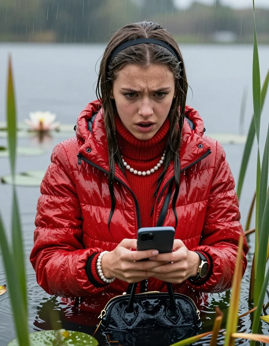 photo of young woman, in soaking wet, drenched clothes,
, , Light red shiny puffer down jacket from monclare,  knit turtleneck sweater, handbag, pearl necklace, bracelet, wristwatch , Emerging after diving in a lake with water lilies and reeds, rain , 
enjoying, wet clothes stuck to body,
detailed textures of the wet clothes, wet face, wet plastered hair,
wet, drenched, professional, high-quality details, full body view.
sharp focus, ultra-high pixel detail, realistic, high-quality, full colors, incredibly detailed, 4k, 8k, 16k, hyper-realistic, RAW photo, masterpiece, ultra-detailed, professionally color graded, professional photograph, Sleek long straight hair, hairband

19 years old  teenage girl

open mouth, big eyes, hold her smartphone in her hands while sinking under water

she is completely underwater up to her neck, frustrated and sad expression.

She hides in the reeds and is surprised by spectators

her submerged clothes are hardly vusible under water, she soaked her handbag into the water

close up view, wet skin, wet clothes, wet hair, damp fabric, water runs down the clothes, wet skin, wet clothes, damp fabric, wet skin, wet clothes, damp fabric, wet skin, wet clothes, damp fabric, wet skin, wet clothes, damp fabric, wet skin, wet clothes, damp fabric, wet skin, wet clothes, damp fabric, wet skin, wet clothes, damp fabric, wet skin, wet clothes, damp fabric, wet skin, wet clothes, damp fabric, wet skin, wet clothes, damp fabric, wet skin, wet clothes, damp fabric, wet skin, wet clothes, damp fabric, wet skin, wet clothes, damp fabric