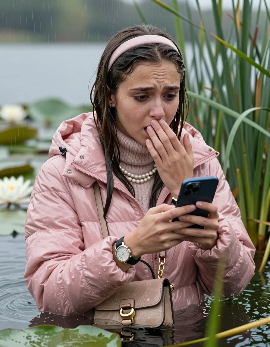 photo of young woman, in soaking wet, drenched clothes,
, , Light pink shiny puffer down jacket from monclare,  knit turtleneck sweater, handbag, pearl necklace, bracelet, wristwatch , Emerging after diving in a lake with water lilies and reeds, rain , 
enjoying, wet clothes stuck to body,
detailed textures of the wet clothes, wet face, wet plastered hair,
wet, drenched, professional, high-quality details, full body view.
sharp focus, ultra-high pixel detail, realistic, high-quality, full colors, incredibly detailed, 4k, 8k, 16k, hyper-realistic, RAW photo, masterpiece, ultra-detailed, professionally color graded, professional photograph, Sleek long straight hair, hairband

19 years old  teenage girl

Hold her hand on her mouth, open mouth, big eyes, try to call her friend with her smartphone

she is completely underwater up to her neck, frustrated and sad expression.

She hides in the reeds and is surprised by spectators

her submerged clothes are hardly vusible under water, she soaked her handbag into the water

close up view, wet skin, wet clothes, wet hair, damp fabric, water runs down the clothes, wet skin, wet clothes, damp fabric, wet skin, wet clothes, damp fabric, wet skin, wet clothes, damp fabric, wet skin, wet clothes, damp fabric, wet skin, wet clothes, damp fabric, wet skin, wet clothes, damp fabric, wet skin, wet clothes, damp fabric, wet skin, wet clothes, damp fabric, wet skin, wet clothes, damp fabric, wet skin, wet clothes, damp fabric, wet skin, wet clothes, damp fabric, wet skin, wet clothes, damp fabric, wet skin, wet clothes, damp fabric