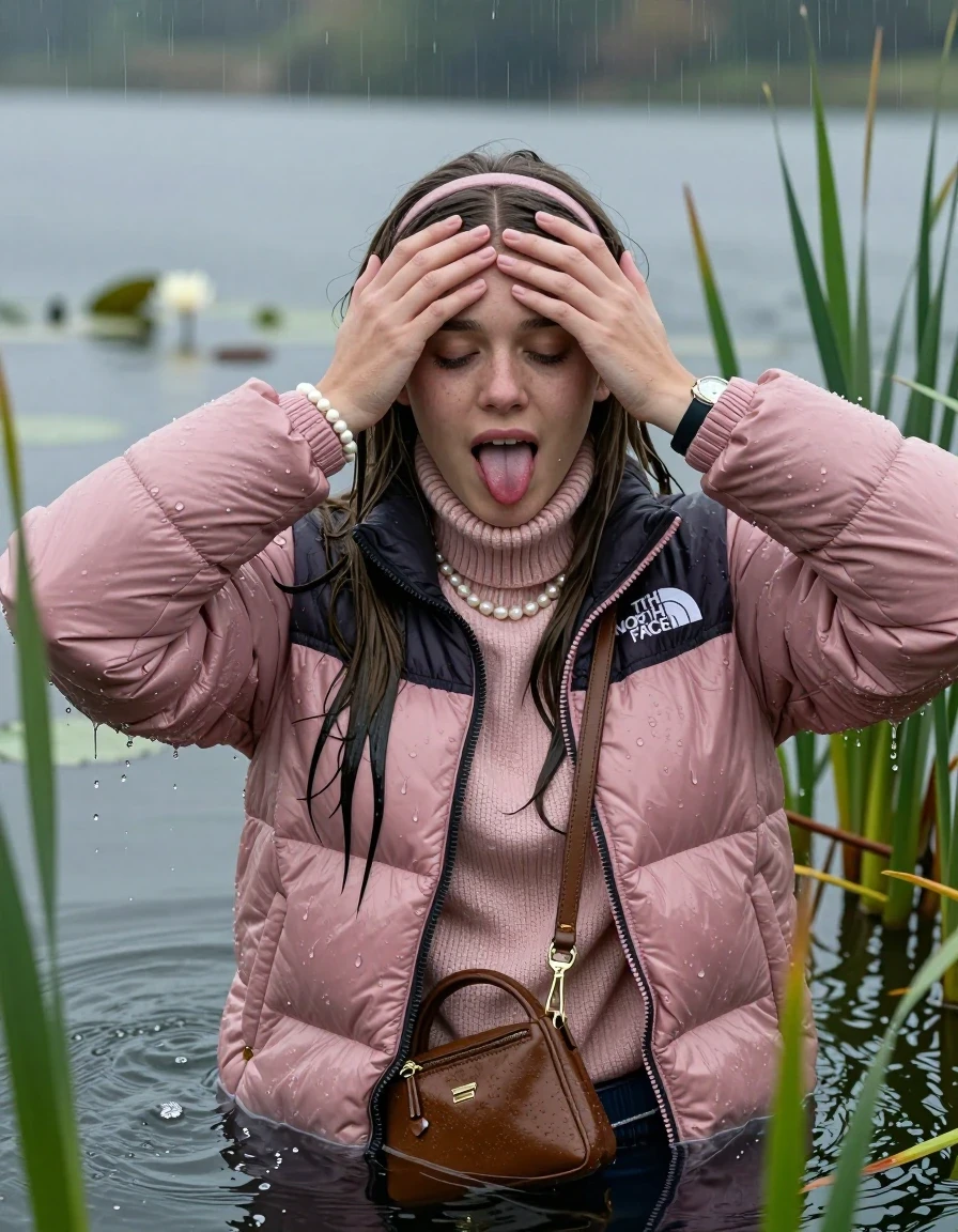 photo of young woman, in soaking wet, drenched clothes,
, , Light pink puffer down jacket from north face,  knit turtleneck sweater, handbag, pearl necklace, bracelet, wristwatch , knitted scarf, Emerging after diving in a lake with water lilies and reeds, rain , 
enjoying, wet clothes stuck to body,
detailed textures of the wet clothes, wet face, wet plastered hair,
wet, drenched, professional, high-quality details, full body view.
sharp focus, ultra-high pixel detail, realistic, high-quality, full colors, incredibly detailed, 4k, 8k, 16k, hyper-realistic, RAW photo, masterpiece, ultra-detailed, professionally color graded, professional photograph, Sleek long straight hair, hairband

19 years old  teenage girl

she is completely underwater up to her shoulders, careful and shy expression. Looking at camera. Hold her hands over her forehead. Open mouth, closed eyes. Stick out her tongue.

She hides in the reeds and is surprised by spectators

her submerged clothes are hardly vusible under water, she soaked her handbag into the water

close up view, wet skin, wet clothes, wet hair, damp fabric, water runs down the clothes, wet skin, wet clothes, damp fabric, wet skin, wet clothes, damp fabric, wet skin, wet clothes, damp fabric, wet skin, wet clothes, damp fabric, wet skin, wet clothes, damp fabric, wet skin, wet clothes, damp fabric, wet skin, wet clothes, damp fabric, wet skin, wet clothes, damp fabric, wet skin, wet clothes, damp fabric, wet skin, wet clothes, damp fabric, wet skin, wet clothes, damp fabric, wet skin, wet clothes, damp fabric, wet skin, wet clothes, damp fabric, wet skin, wet clothes, damp fabric