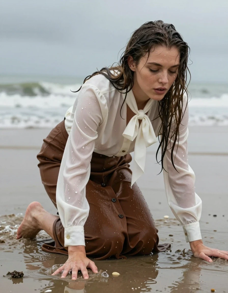 photo of young woman, in soaking wet, drenched clothes,
barefoot, buttoned down brown long skirt, oversized long sleeved white silk blouse with bowtie, brown tuxedo jacket, north sea beach, 
enjoying, wet clothes stuck to body,
detailed textures of the wet clothes, wet face, wet plastered hair,
wet, drenched, professional, high-quality details, full body view.
sharp focus, ultra-high pixel detail, realistic, high-quality, full colors, incredibly detailed, 4k, 8k, 16k, hyper-realistic, RAW photo, masterpiece, ultra-detailed, professionally color graded, professional photograph, exhausted, crawling out to the shore during a rainstorm, clothes are destroyed, wet skin, wet clothes, damp fabric