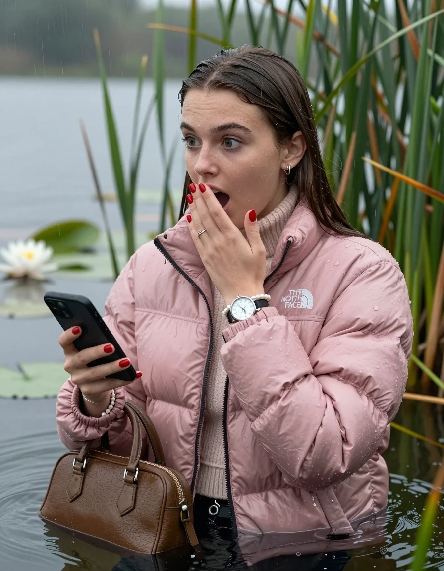 photo of young woman, in soaking wet, drenched clothes,
, , Light pink puffer down jacket from north face,  knit turtleneck sweater, handbag, pearl necklace, bracelet, wristwatch , red nails, Emerging after diving in a lake with water lilies and reeds, rain , 
enjoying, wet clothes stuck to body,
detailed textures of the wet clothes, wet face, wet plastered hair,
wet, drenched, professional, high-quality details, full body view.
sharp focus, ultra-high pixel detail, realistic, high-quality, full colors, incredibly detailed, 4k, 8k, 16k, hyper-realistic, RAW photo, masterpiece, ultra-detailed, professionally color graded, professional photograph, Brunette Sleek long straight hair

19 years old  teenage girl

open mouth, big eyes, hold one hand over her mouth and in the other hand her smartphone. Looking to the side.

she is completely underwater up to her neck, afraid and astonished expression.

She hides in the reeds and is surprised by spectators

her submerged clothes are hardly vusible under water, she soaked her handbag into the water

close up view, wet skin, wet clothes, wet hair, damp fabric, water runs down the clothes, wet skin, wet clothes, damp fabric, wet skin, wet clothes, damp fabric, wet skin, wet clothes, damp fabric, wet skin, wet clothes, damp fabric, wet skin, wet clothes, damp fabric, wet skin, wet clothes, damp fabric, wet skin, wet clothes, damp fabric, wet skin, wet clothes, damp fabric, wet skin, wet clothes, damp fabric, wet skin, wet clothes, damp fabric, wet skin, wet clothes, damp fabric, wet skin, wet clothes, damp fabric, wet skin, wet clothes, damp fabric, wet skin, wet clothes, damp fabric, wet skin, wet clothes, damp fabric