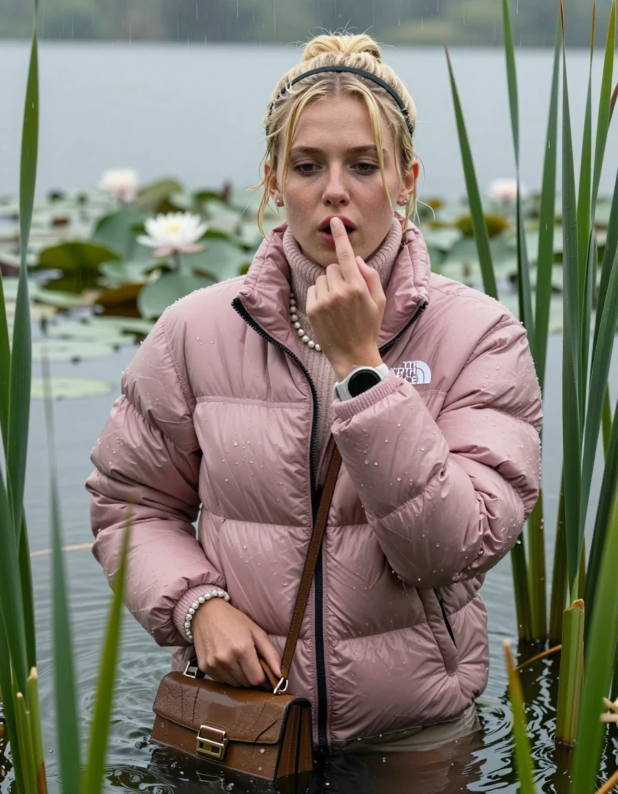 photo of young woman, in soaking wet, drenched clothes,
, , Light pink puffer down jacket from north face,  knit turtleneck sweater, handbag, pearl necklace, bracelet, wristwatch , Emerging after diving in a lake with water lilies and reeds, rain , 
enjoying, wet clothes stuck to body,
detailed textures of the wet clothes, wet face, wet plastered hair,
wet, drenched, professional, high-quality details, full body view.
sharp focus, ultra-high pixel detail, realistic, high-quality, full colors, incredibly detailed, 4k, 8k, 16k, hyper-realistic, RAW photo, masterpiece, ultra-detailed, professionally color graded, professional photograph, Blonde Sleek topknot with bangs, hairband18-years-old  teenage girl

Shows the stink finger, closed mouth, half closed eyes, looking up

she is completely underwater up to her neck, aroused expression.

She hides in the reeds and is surprised by spectators

her submerged clothes are hardly vusible under water, she soaked her handbag into the water

close up view, wet skin, wet clothes, wet hair, damp fabric, water runs down the clothes, wet skin, wet clothes, damp fabric, wet skin, wet clothes, damp fabric, wet skin, wet clothes, damp fabric, wet skin, wet clothes, damp fabric, wet skin, wet clothes, damp fabric, wet skin, wet clothes, damp fabric, wet skin, wet clothes, damp fabric, wet skin, wet clothes, damp fabric, wet skin, wet clothes, damp fabric, wet skin, wet clothes, damp fabric, wet skin, wet clothes, damp fabric, wet skin, wet clothes, damp fabric