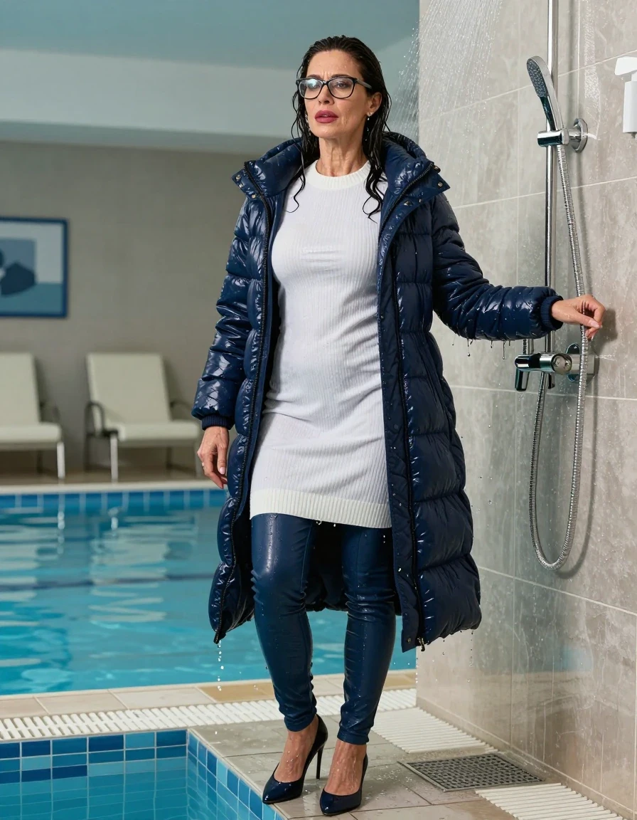 photo of young woman, in soaking wet, drenched clothes,
shoes, long blue leather jeans, white sweater DRESS with neck, maxi dark blue DOWN JACKET, TAKING SHOWER, indoor swimming pool, enjoying wet clothes stuck body, 
enjoying, wet clothes stuck to body,
detailed textures of the wet clothes, wet face, wet plastered hair,
wet, drenched, professional, high-quality details, full body view.
sharp focus, ultra-high pixel detail, realistic, high-quality, full colors, incredibly detailed, 4k, 8k, 16k, hyper-realistic, RAW photo, masterpiece, ultra-detailed, professionally color graded, professional photograph, europen brunette skinny woman 50 years old, long dark black hair, very big and thick lips,  office glasses, complete body, wet skin, wet clothes, damp fabric, wet skin, wet clothes, damp fabric, wet skin, wet clothes, damp fabric, wet skin, wet clothes, damp fabric, wet skin, wet clothes, damp fabric