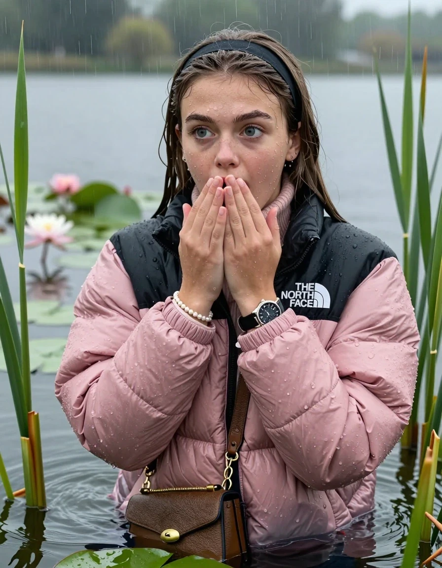 photo of young woman, in soaking wet, drenched clothes,
, , Light pink puffer down jacket from north face,  knit turtleneck sweater, handbag, pearl necklace, bracelet, wristwatch , Emerging after diving in a lake with water lilies and reeds, rain , 
enjoying, wet clothes stuck to body,
detailed textures of the wet clothes, wet face, wet plastered hair,
wet, drenched, professional, high-quality details, full body view.
sharp focus, ultra-high pixel detail, realistic, high-quality, full colors, incredibly detailed, 4k, 8k, 16k, hyper-realistic, RAW photo, masterpiece, ultra-detailed, professionally color graded, professional photograph, Sleek long straight hair, hairband

19 years old  teenage girl

Hold one hand on her mouth, Show with the other hand the stink Finger, open mouth, big eyes

she is completely underwater up to her neck, afraid  and astonished expression.

She hides in the reeds and is surprised by spectators

her submerged clothes are hardly vusible under water, she soaked her handbag into the water

close up view, wet skin, wet clothes, wet hair, damp fabric, water runs down the clothes, wet skin, wet clothes, damp fabric, wet skin, wet clothes, damp fabric, wet skin, wet clothes, damp fabric, wet skin, wet clothes, damp fabric, wet skin, wet clothes, damp fabric, wet skin, wet clothes, damp fabric, wet skin, wet clothes, damp fabric, wet skin, wet clothes, damp fabric, wet skin, wet clothes, damp fabric, wet skin, wet clothes, damp fabric, wet skin, wet clothes, damp fabric, wet skin, wet clothes, damp fabric