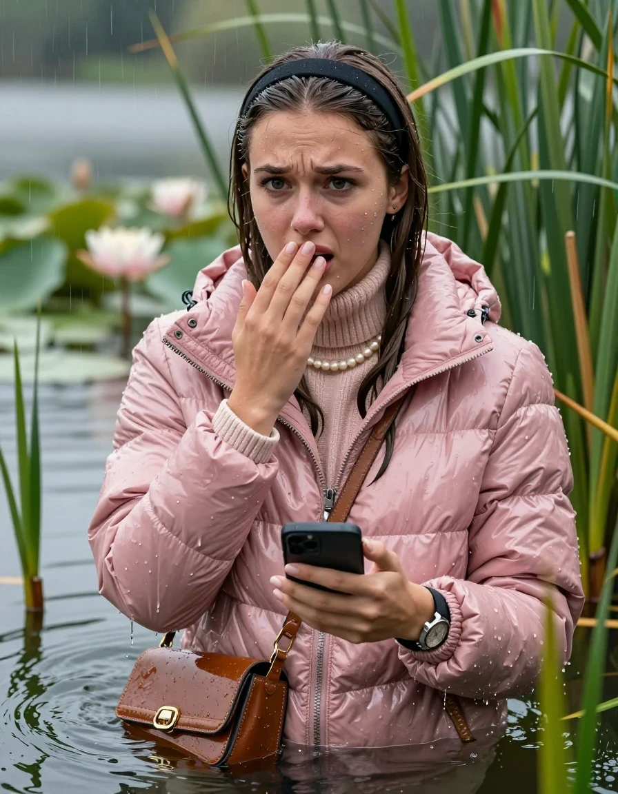 photo of young woman, in soaking wet, drenched clothes,
, , Light pink shiny puffer down jacket from monclare,  knit turtleneck sweater, handbag, pearl necklace, bracelet, wristwatch , Emerging after diving in a lake with water lilies and reeds, rain , 
enjoying, wet clothes stuck to body,
detailed textures of the wet clothes, wet face, wet plastered hair,
wet, drenched, professional, high-quality details, full body view.
sharp focus, ultra-high pixel detail, realistic, high-quality, full colors, incredibly detailed, 4k, 8k, 16k, hyper-realistic, RAW photo, masterpiece, ultra-detailed, professionally color graded, professional photograph, Sleek long straight hair, hairband

19 years old  teenage girl

open mouth, big eyes, hold one hand over her mouth and in the other hand her smartphone. Looking to the side.

she is completely underwater up to her neck, frustrated and sad expression.

She hides in the reeds and is surprised by spectators

her submerged clothes are hardly vusible under water, she soaked her handbag into the water

close up view, wet skin, wet clothes, wet hair, damp fabric, water runs down the clothes, wet skin, wet clothes, damp fabric, wet skin, wet clothes, damp fabric, wet skin, wet clothes, damp fabric, wet skin, wet clothes, damp fabric, wet skin, wet clothes, damp fabric, wet skin, wet clothes, damp fabric, wet skin, wet clothes, damp fabric, wet skin, wet clothes, damp fabric, wet skin, wet clothes, damp fabric, wet skin, wet clothes, damp fabric, wet skin, wet clothes, damp fabric, wet skin, wet clothes, damp fabric, wet skin, wet clothes, damp fabric, wet skin, wet clothes, damp fabric