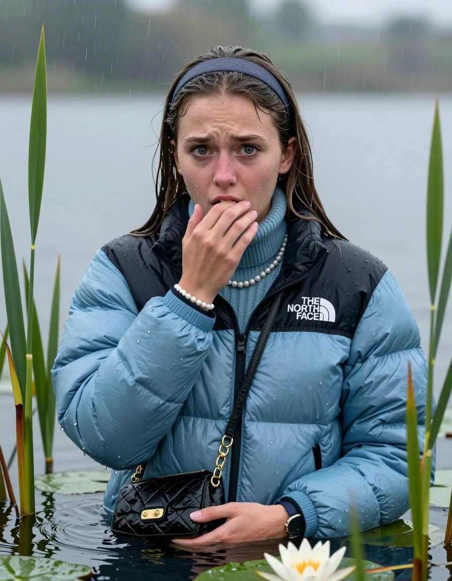 photo of young woman, in soaking wet, drenched clothes,
, , Light blue puffer down jacket from north face,  knit turtleneck sweater, handbag, pearl necklace, bracelet, wristwatch , Emerging after diving in a lake with water lilies and reeds, rain , 
enjoying, wet clothes stuck to body,
detailed textures of the wet clothes, wet face, wet plastered hair,
wet, drenched, professional, high-quality details, full body view.
sharp focus, ultra-high pixel detail, realistic, high-quality, full colors, incredibly detailed, 4k, 8k, 16k, hyper-realistic, RAW photo, masterpiece, ultra-detailed, professionally color graded, professional photograph, Sleek long straight hair, hairband

19 years old  teenage girl

Hold her hand on her mouth, open mouth, big eyes

she is completely underwater up to her neck, frustrated and sad expression.

She hides in the reeds and is surprised by spectators

her submerged clothes are hardly vusible under water, she soaked her handbag into the water

close up view, wet skin, wet clothes, wet hair, damp fabric, water runs down the clothes, wet skin, wet clothes, damp fabric, wet skin, wet clothes, damp fabric, wet skin, wet clothes, damp fabric, wet skin, wet clothes, damp fabric, wet skin, wet clothes, damp fabric, wet skin, wet clothes, damp fabric, wet skin, wet clothes, damp fabric, wet skin, wet clothes, damp fabric, wet skin, wet clothes, damp fabric, wet skin, wet clothes, damp fabric, wet skin, wet clothes, damp fabric, wet skin, wet clothes, damp fabric, wet skin, wet clothes, damp fabric