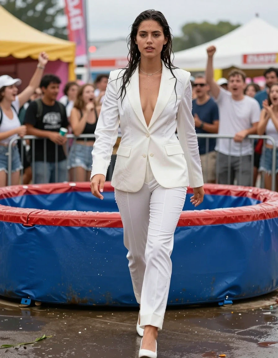photo of young woman, in soaking wet, drenched clothes,
white silettos, white trousers, white elegant jacket. Same fabric as trousers, at a festival location, 
enjoying, wet clothes stuck to body,
detailed textures of the wet clothes, wet face, wet plastered hair,
wet, drenched, professional, high-quality details, full body view.
sharp focus, ultra-high pixel detail, realistic, high-quality, full colors, incredibly detailed, 4k, 8k, 16k, hyper-realistic, RAW photo, masterpiece, ultra-detailed, professionally color graded, professional photograph, A dark-haired woman is at a festival location. She walks towards a dunk tank. Spectators are cheering her and she enjoys the cheers., wet skin, wet clothes, damp fabric
