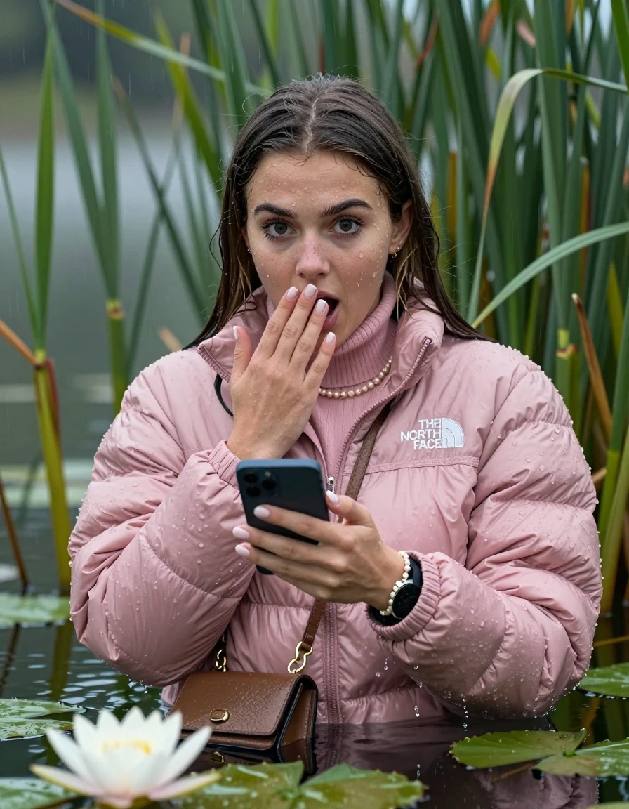 photo of young woman, in soaking wet, drenched clothes,
, , Light pink puffer down jacket from north face,  knit turtleneck sweater, handbag, pearl necklace, bracelet, wristwatch , Emerging after diving in a lake with water lilies and reeds, rain , 
enjoying, wet clothes stuck to body,
detailed textures of the wet clothes, wet face, wet plastered hair,
wet, drenched, professional, high-quality details, full body view.
sharp focus, ultra-high pixel detail, realistic, high-quality, full colors, incredibly detailed, 4k, 8k, 16k, hyper-realistic, RAW photo, masterpiece, ultra-detailed, professionally color graded, professional photograph, Brunette Sleek long straight hair

19 years old  teenage girl

open mouth, big eyes, cover her mouth with a hand and in the other hand her smartphone. Laying her breast on the surface.  Looking at camera.

she is completely underwater up to her neck, afraid and astonished expression.

She hides in the reeds and is surprised by spectators

her submerged clothes are hardly vusible under water, she soaked her handbag into the water

close up view, wet skin, wet clothes, wet hair, damp fabric, water runs down the clothes, wet skin, wet clothes, damp fabric, wet skin, wet clothes, damp fabric, wet skin, wet clothes, damp fabric, wet skin, wet clothes, damp fabric, wet skin, wet clothes, damp fabric, wet skin, wet clothes, damp fabric, wet skin, wet clothes, damp fabric, wet skin, wet clothes, damp fabric, wet skin, wet clothes, damp fabric, wet skin, wet clothes, damp fabric, wet skin, wet clothes, damp fabric, wet skin, wet clothes, damp fabric, wet skin, wet clothes, damp fabric, wet skin, wet clothes, damp fabric, wet skin, wet clothes, damp fabric