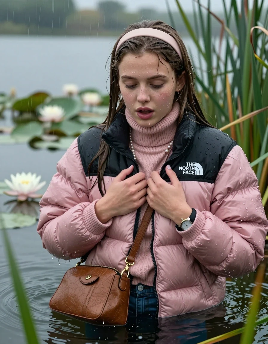 photo of young woman, in soaking wet, drenched clothes,
, , Light pink puffer down jacket from north face,  knit turtleneck sweater, handbag, pearl necklace, bracelet, wristwatch , knitted scarf, Emerging after diving in a lake with water lilies and reeds, rain , 
enjoying, wet clothes stuck to body,
detailed textures of the wet clothes, wet face, wet plastered hair,
wet, drenched, professional, high-quality details, full body view.
sharp focus, ultra-high pixel detail, realistic, high-quality, full colors, incredibly detailed, 4k, 8k, 16k, hyper-realistic, RAW photo, masterpiece, ultra-detailed, professionally color graded, professional photograph, Sleek long straight hair, hairband

19 years old  teenage girl

she is completely underwater up to her shoulders, careful and shy expression. Looking at camera. Hold her hands on her breast. Open mouth, closed eyes. Ducks into the water.

She hides in the reeds and is surprised by spectators

her submerged clothes are hardly vusible under water, she soaked her handbag into the water

close up view, wet skin, wet clothes, wet hair, damp fabric, water runs down the clothes, wet skin, wet clothes, damp fabric, wet skin, wet clothes, damp fabric, wet skin, wet clothes, damp fabric, wet skin, wet clothes, damp fabric, wet skin, wet clothes, damp fabric, wet skin, wet clothes, damp fabric, wet skin, wet clothes, damp fabric, wet skin, wet clothes, damp fabric, wet skin, wet clothes, damp fabric, wet skin, wet clothes, damp fabric, wet skin, wet clothes, damp fabric, wet skin, wet clothes, damp fabric, wet skin, wet clothes, damp fabric, wet skin, wet clothes, damp fabric