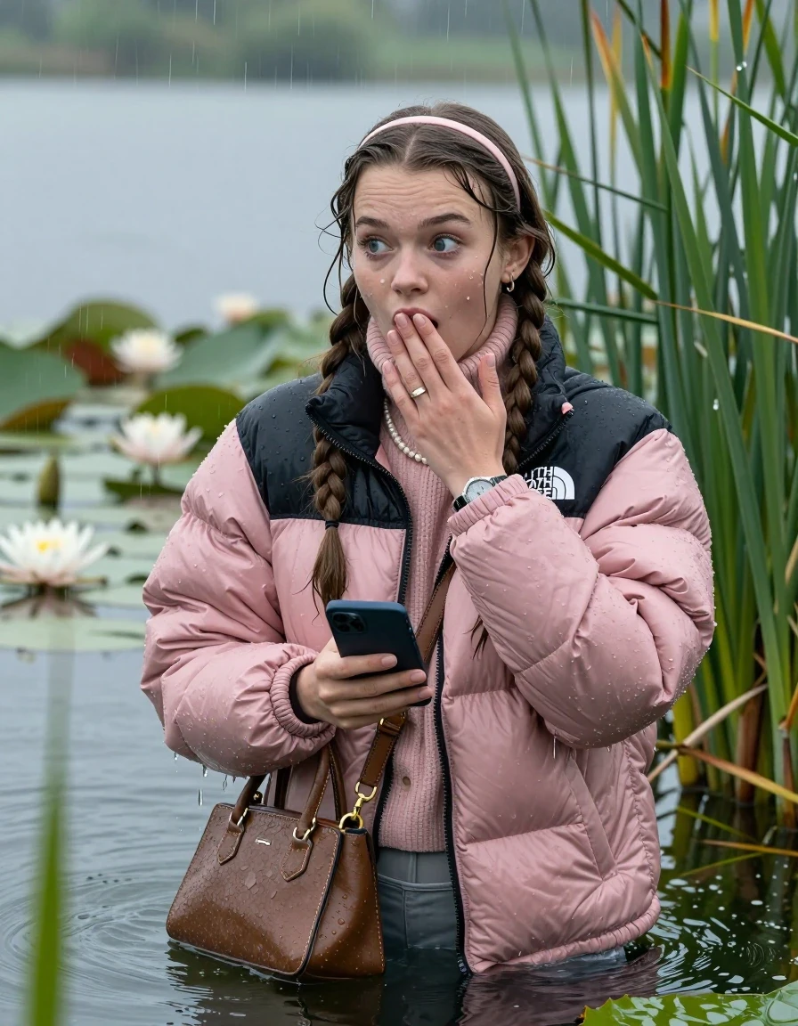 photo of young woman, in soaking wet, drenched clothes,
, , Light pink puffer down jacket from north face,  knit turtleneck sweater, handbag, pearl necklace, bracelet, wristwatch, small glasses, Emerging after diving in a lake with water lilies and reeds, rain , 
enjoying, wet clothes stuck to body,
detailed textures of the wet clothes, wet face, wet plastered hair,
wet, drenched, professional, high-quality details, full body view.
sharp focus, ultra-high pixel detail, realistic, high-quality, full colors, incredibly detailed, 4k, 8k, 16k, hyper-realistic, RAW photo, masterpiece, ultra-detailed, professionally color graded, professional photograph, Two sleek long braids, hairband

19 years old  teenage girl

open mouth, big eyes, hold one hand over her mouth and in the other hand her smartphone. Looking to the side.

she is completely underwater up to her neck, afraid and astonished expression.

She hides in the reeds and is surprised by spectators

her submerged clothes are hardly vusible under water, she soaked her handbag into the water

close up view, wet skin, wet clothes, wet hair, damp fabric, water runs down the clothes, wet skin, wet clothes, damp fabric, wet skin, wet clothes, damp fabric, wet skin, wet clothes, damp fabric, wet skin, wet clothes, damp fabric, wet skin, wet clothes, damp fabric, wet skin, wet clothes, damp fabric, wet skin, wet clothes, damp fabric, wet skin, wet clothes, damp fabric, wet skin, wet clothes, damp fabric, wet skin, wet clothes, damp fabric, wet skin, wet clothes, damp fabric, wet skin, wet clothes, damp fabric, wet skin, wet clothes, damp fabric, wet skin, wet clothes, damp fabric