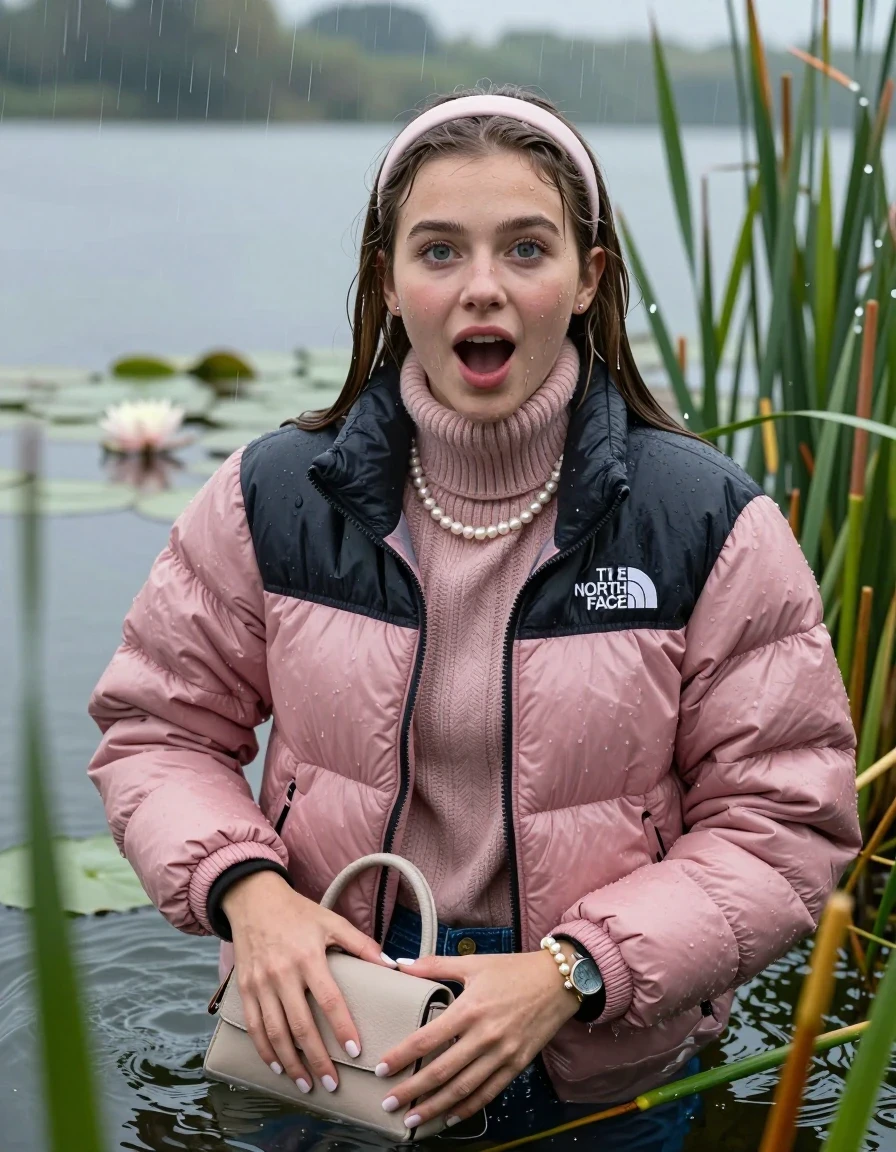photo of young woman, in soaking wet, drenched clothes,
, , Light pink puffer down jacket from north face,  knit turtleneck sweater, handbag, pearl necklace, bracelet, wristwatch , knitted scarf, Emerging after diving in a lake with water lilies and reeds, rain , 
enjoying, wet clothes stuck to body,
detailed textures of the wet clothes, wet face, wet plastered hair,
wet, drenched, professional, high-quality details, full body view.
sharp focus, ultra-high pixel detail, realistic, high-quality, full colors, incredibly detailed, 4k, 8k, 16k, hyper-realistic, RAW photo, masterpiece, ultra-detailed, professionally color graded, professional photograph, Sleek long straight hair, hairband

19 years old  teenage girl

open mouth, big eyes 

she is completely underwater up to her neck, satisfied and enthusiastic expression. Looking at camera. Arms in the water.

She hides in the reeds and is surprised by spectators

her submerged clothes are hardly vusible under water, she soaked her handbag into the water

close up view, wet skin, wet clothes, wet hair, damp fabric, water runs down the clothes, wet skin, wet clothes, damp fabric, wet skin, wet clothes, damp fabric, wet skin, wet clothes, damp fabric, wet skin, wet clothes, damp fabric, wet skin, wet clothes, damp fabric, wet skin, wet clothes, damp fabric, wet skin, wet clothes, damp fabric, wet skin, wet clothes, damp fabric, wet skin, wet clothes, damp fabric, wet skin, wet clothes, damp fabric, wet skin, wet clothes, damp fabric, wet skin, wet clothes, damp fabric, wet skin, wet clothes, damp fabric, wet skin, wet clothes, damp fabric