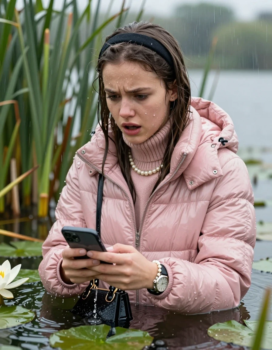 photo of young woman, in soaking wet, drenched clothes,
, , Light pink shiny puffer down jacket from monclare,  knit turtleneck sweater, handbag, pearl necklace, bracelet, wristwatch , Emerging after diving in a lake with water lilies and reeds, rain , 
enjoying, wet clothes stuck to body,
detailed textures of the wet clothes, wet face, wet plastered hair,
wet, drenched, professional, high-quality details, full body view.
sharp focus, ultra-high pixel detail, realistic, high-quality, full colors, incredibly detailed, 4k, 8k, 16k, hyper-realistic, RAW photo, masterpiece, ultra-detailed, professionally color graded, professional photograph, Sleek long straight hair, hairband

19 years old  teenage girl

open mouth, big eyes, hold her smartphone in her hands while sinking under water

she is completely underwater up to her neck, frustrated and sad expression.

She hides in the reeds and is surprised by spectators

her submerged clothes are hardly vusible under water, she soaked her handbag into the water

close up view, wet skin, wet clothes, wet hair, damp fabric, water runs down the clothes, wet skin, wet clothes, damp fabric, wet skin, wet clothes, damp fabric, wet skin, wet clothes, damp fabric, wet skin, wet clothes, damp fabric, wet skin, wet clothes, damp fabric, wet skin, wet clothes, damp fabric, wet skin, wet clothes, damp fabric, wet skin, wet clothes, damp fabric, wet skin, wet clothes, damp fabric, wet skin, wet clothes, damp fabric, wet skin, wet clothes, damp fabric, wet skin, wet clothes, damp fabric, wet skin, wet clothes, damp fabric
