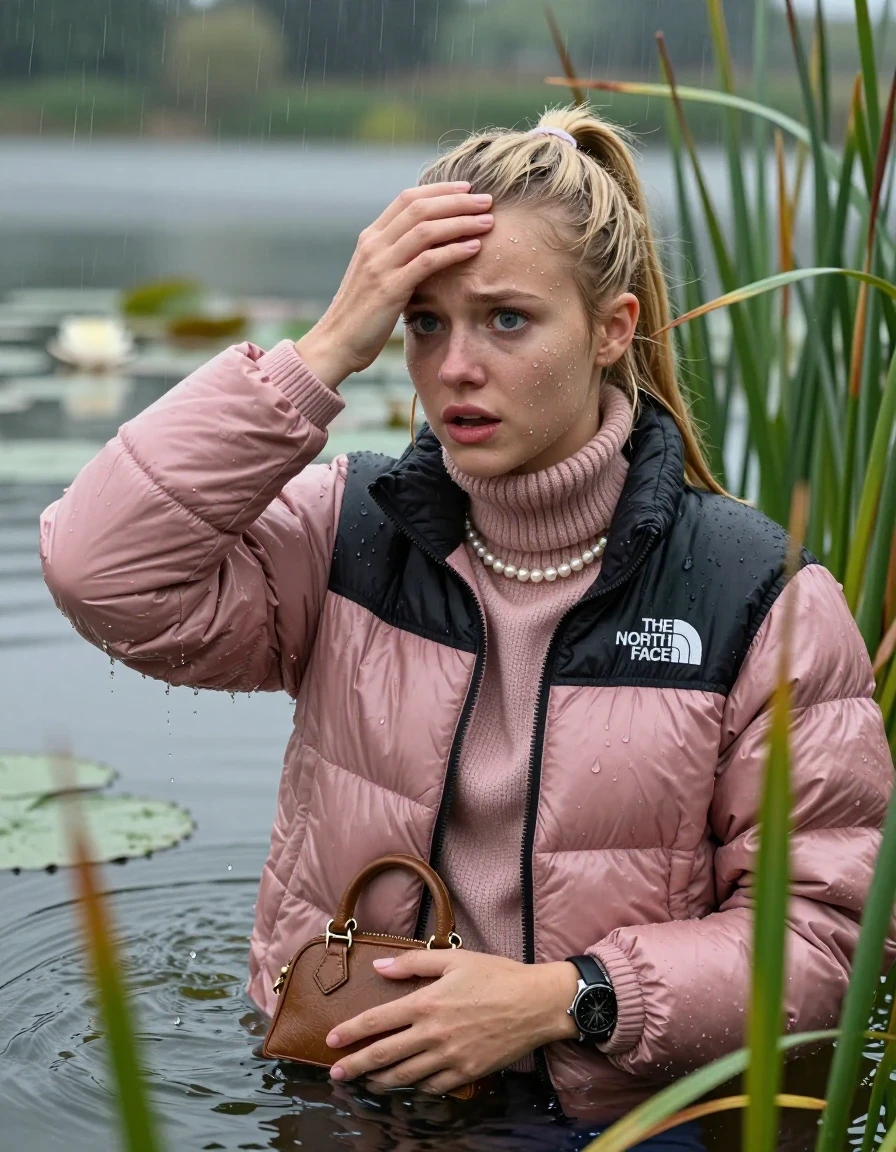 photo of young woman, in soaking wet, drenched clothes,
, , Light pink puffer down jacket from north face,  knit turtleneck sweater, handbag, pearl necklace, bracelet, wristwatch , Emerging after diving in a lake with water lilies and reeds, rain , 
enjoying, wet clothes stuck to body,
detailed textures of the wet clothes, wet face, wet plastered hair,
wet, drenched, professional, high-quality details, full body view.
sharp focus, ultra-high pixel detail, realistic, high-quality, full colors, incredibly detailed, 4k, 8k, 16k, hyper-realistic, RAW photo, masterpiece, ultra-detailed, professionally color graded, professional photograph, Blonde Sleek long ponytail, hairband

19 years old  teenage girl

Hold her hand on her forehead, open mouth, big eyes

she is completely underwater up to her neck, frustrated and sad expression.

She hides in the reeds and is surprised by spectators

her submerged clothes are hardly vusible under water, she soaked her handbag into the water

close up view, wet skin, wet clothes, wet hair, damp fabric, water runs down the clothes, wet skin, wet clothes, damp fabric, wet skin, wet clothes, damp fabric, wet skin, wet clothes, damp fabric, wet skin, wet clothes, damp fabric, wet skin, wet clothes, damp fabric, wet skin, wet clothes, damp fabric, wet skin, wet clothes, damp fabric, wet skin, wet clothes, damp fabric, wet skin, wet clothes, damp fabric, wet skin, wet clothes, damp fabric, wet skin, wet clothes, damp fabric, wet skin, wet clothes, damp fabric