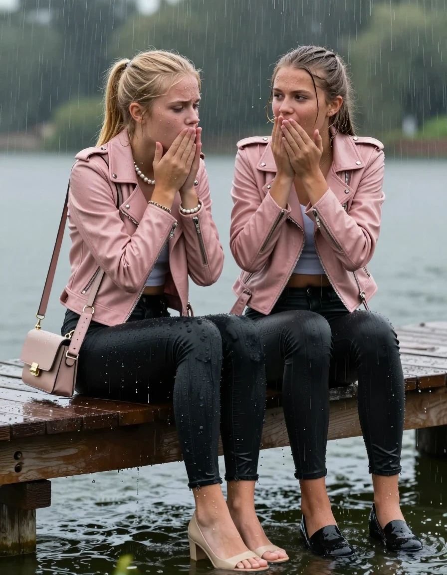 photo of young woman, in soaking wet, drenched clothes,
Pumps,  tight black skinny jeans, Light pink biker leatherjacket, crop top, Pearl necklace, bracelet, shoulderbag, fully soaked 15-years-old teenage girl and her friend sitting under heavy rain on a pier at a lake, enjoying wet clothes stuck body, 
enjoying, wet clothes stuck to body,
detailed textures of the wet clothes, wet face, wet plastered hair,
wet, drenched, professional, high-quality details, full body view.
sharp focus, ultra-high pixel detail, realistic, high-quality, full colors, incredibly detailed, 4k, 8k, 16k, hyper-realistic, RAW photo, masterpiece, ultra-detailed, professionally color graded, professional photograph, fully soaked 15-years-old young teenage girl. wet plastered blonde sleek long ponytail. afraid and astonished, open mouth, half closed eyes. holding her hands on her mouth. looking slightly up. wet skin, wet clothes, water runs from her body and her clothes in streams. A lot of water also runs out of her clothes. Her clothes are darkened by the water. Her submerged clothes are clinging wet.  The girls wear different clothes., wet skin, wet clothes, damp fabric, wet skin, wet clothes, damp fabric, wet skin, wet clothes, damp fabric