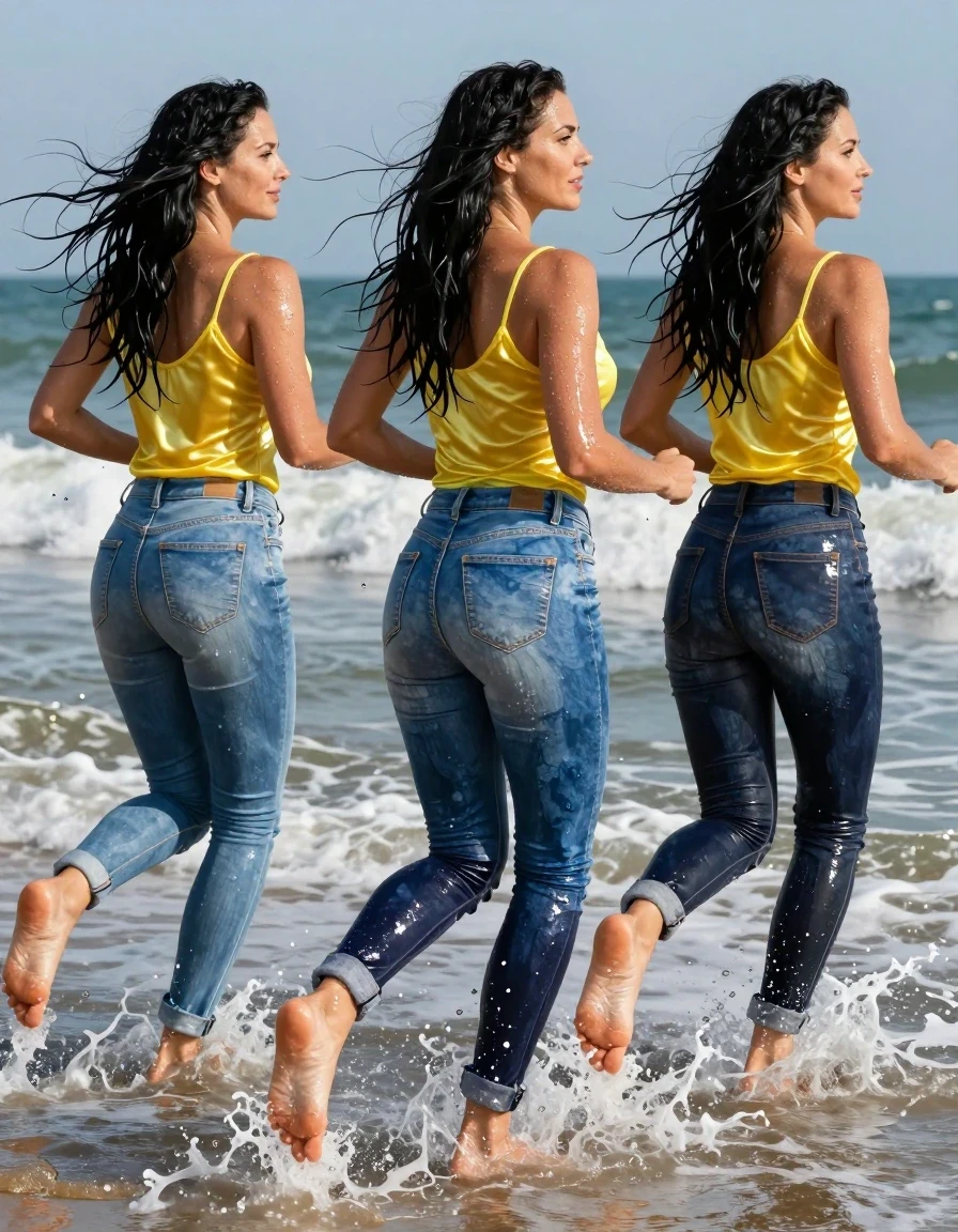 A hyper-realistic wide shot of three 30-year-old European women with long black hair, running through the shallow surf at a sun-drenched beach. Each woman has sun-tanned, bare feet and long, toned legs. They are wearing tight, light-blue jeans that are soaking-wet, water-saturated heavyweight denim, the blue changed to deep navy and indigo with substantially darker unevenly soaked patches, heavy wet folds, visible weave and stitching, and strong glossy specular reflections on the raised weave, seams, and creases, hugging their shapely posteriors. They wear translucent, vibrant yellow satin tops that are clinging to their bodies, soaked through by the ocean spray. The women have wet skin, glistening with water droplets and sea spray, and their long black hair is wet, matted, and dark. The scene captures them mid-stride in the crashing surf, with white foam swirling around their ankles, realistic water sheen, high-contrast natural sunlight, cinematic lighting, 8k resolution, highly detailed textures, vibrant colors, photorealistic skin and fabric physics.