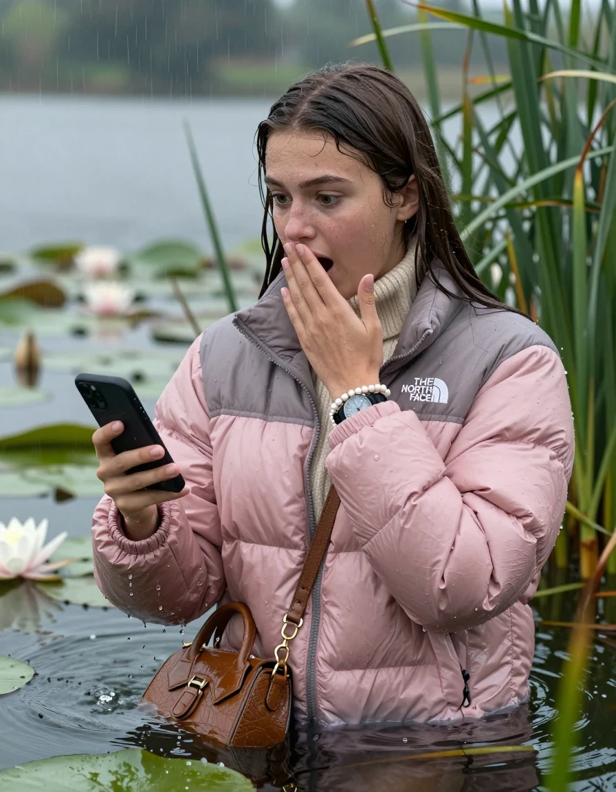 photo of young woman, in soaking wet, drenched clothes,
, , Light pink puffer down jacket from north face,  knit turtleneck sweater, handbag, pearl necklace, bracelet, wristwatch , Emerging after diving in a lake with water lilies and reeds, rain , 
enjoying, wet clothes stuck to body,
detailed textures of the wet clothes, wet face, wet plastered hair,
wet, drenched, professional, high-quality details, full body view.
sharp focus, ultra-high pixel detail, realistic, high-quality, full colors, incredibly detailed, 4k, 8k, 16k, hyper-realistic, RAW photo, masterpiece, ultra-detailed, professionally color graded, professional photograph, Brunette Sleek long straight hair

19 years old  teenage girl

open mouth, big eyes, cover her mouth with a hand and in the other hand her smartphone. Looking to the side.

she is completely underwater up to her neck, afraid and astonished expression.

She hides in the reeds and is surprised by spectators

her submerged clothes are hardly vusible under water, she soaked her handbag into the water

close up view, wet skin, wet clothes, wet hair, damp fabric, water runs down the clothes, wet skin, wet clothes, damp fabric, wet skin, wet clothes, damp fabric, wet skin, wet clothes, damp fabric, wet skin, wet clothes, damp fabric, wet skin, wet clothes, damp fabric, wet skin, wet clothes, damp fabric, wet skin, wet clothes, damp fabric, wet skin, wet clothes, damp fabric, wet skin, wet clothes, damp fabric, wet skin, wet clothes, damp fabric, wet skin, wet clothes, damp fabric, wet skin, wet clothes, damp fabric, wet skin, wet clothes, damp fabric, wet skin, wet clothes, damp fabric, wet skin, wet clothes, damp fabric
