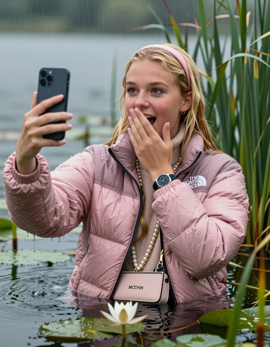photo of young woman, in soaking wet, drenched clothes,
, , Light pink puffer down jacket from north face,  knit turtleneck sweater, handbag, pearl necklace, bracelet, earrings, wristwatch , Emerging after diving in a lake with water lilies and reeds, rain , 
enjoying, wet clothes stuck to body,
detailed textures of the wet clothes, wet face, wet plastered hair,
wet, drenched, professional, high-quality details, full body view.
sharp focus, ultra-high pixel detail, realistic, high-quality, full colors, incredibly detailed, 4k, 8k, 16k, hyper-realistic, RAW photo, masterpiece, ultra-detailed, professionally color graded, professional photograph, Blonde Sleek long straight hair, hairband

19 years old  teenage girl

open mouth, big eyes, hold a hand on her mouth and a smartphone in her other hand while sinking under water and take a selfie 

she is completely underwater up to her neck, satisfied and enthusiastic expression.

She hides in the reeds and is surprised by spectators

her submerged clothes are hardly vusible under water, she soaked her handbag into the water

close up view, wet skin, wet clothes, wet hair, damp fabric, water runs down the clothes, wet skin, wet clothes, damp fabric, wet skin, wet clothes, damp fabric, wet skin, wet clothes, damp fabric, wet skin, wet clothes, damp fabric, wet skin, wet clothes, damp fabric, wet skin, wet clothes, damp fabric, wet skin, wet clothes, damp fabric, wet skin, wet clothes, damp fabric, wet skin, wet clothes, damp fabric, wet skin, wet clothes, damp fabric, wet skin, wet clothes, damp fabric, wet skin, wet clothes, damp fabric, wet skin, wet clothes, damp fabric