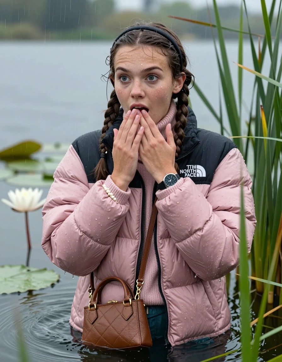 photo of young woman, in soaking wet, drenched clothes,
, , Light pink puffer down jacket from north face,  knit turtleneck sweater, handbag, pearl necklace, bracelet, wristwatch , Emerging after diving in a lake with water lilies and reeds, rain , 
enjoying, wet clothes stuck to body,
detailed textures of the wet clothes, wet face, wet plastered hair,
wet, drenched, professional, high-quality details, full body view.
sharp focus, ultra-high pixel detail, realistic, high-quality, full colors, incredibly detailed, 4k, 8k, 16k, hyper-realistic, RAW photo, masterpiece, ultra-detailed, professionally color graded, professional photograph, Two sleek long braids, hairband

19 years old  teenage girl

open mouth, big eyes, hold one hand over her mouth and in the other hand her smartphone. Looking to the side.

she is completely underwater up to her neck, afraid and astonished expression.

She hides in the reeds and is surprised by spectators

her submerged clothes are hardly vusible under water, she soaked her handbag into the water

close up view, wet skin, wet clothes, wet hair, damp fabric, water runs down the clothes, wet skin, wet clothes, damp fabric, wet skin, wet clothes, damp fabric, wet skin, wet clothes, damp fabric, wet skin, wet clothes, damp fabric, wet skin, wet clothes, damp fabric, wet skin, wet clothes, damp fabric, wet skin, wet clothes, damp fabric, wet skin, wet clothes, damp fabric, wet skin, wet clothes, damp fabric, wet skin, wet clothes, damp fabric, wet skin, wet clothes, damp fabric, wet skin, wet clothes, damp fabric, wet skin, wet clothes, damp fabric, wet skin, wet clothes, damp fabric