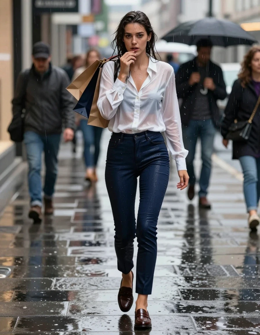 photo of young woman, in soaking wet, drenched clothes,
water-slicked leather loafers, dark mahogany, clinging wet slim-fit cigarette trousers, navy blue, transparently soaked white silk button-down shirt, saturated fabric texture, bustling urban shopping district sidewalk, glossy wet asphalt reflections, 
enjoying, wet clothes stuck to body,
detailed textures of the wet clothes, wet face, wet plastered hair,
wet, drenched, professional, high-quality details, full body view.
sharp focus, ultra-high pixel detail, realistic, high-quality, full colors, incredibly detailed, 4k, 8k, 16k, hyper-realistic, RAW photo, masterpiece, ultra-detailed, professionally color graded, professional photograph, woman caught in a sudden downpour, hastily shielding her hair with a shopping bag, candid paparazzi perspective, medium-wide angle shot, high-speed shutter, photorealistic lifestyle photography, rich natural color, balanced bright exposure, moderate contrast, softly lifted shadows, cinematic lighting, wet skin, wet clothes, damp fabric
