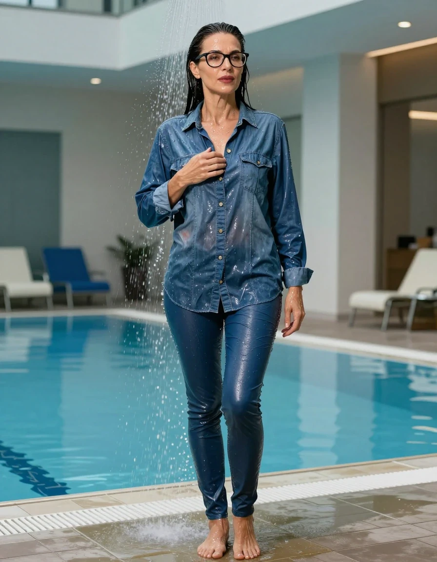 photo of young woman, in soaking wet, drenched clothes,
shoes, long blue leather jeans, maxi blue denim shirt with long sleeves, TAKING SHOWER, indoor swimming pool, enjoying wet clothes stuck body, 
enjoying, wet clothes stuck to body,
detailed textures of the wet clothes, wet face, wet plastered hair,
wet, drenched, professional, high-quality details, full body view.
sharp focus, ultra-high pixel detail, realistic, high-quality, full colors, incredibly detailed, 4k, 8k, 16k, hyper-realistic, RAW photo, masterpiece, ultra-detailed, professionally color graded, professional photograph, europen brunette skinny woman 50 years old, long dark black hair, very big and thick lips,  office glasses, complete body, wet skin, wet clothes, damp fabric, wet skin, wet clothes, damp fabric, wet skin, wet clothes, damp fabric, wet skin, wet clothes, damp fabric, wet skin, wet clothes, damp fabric